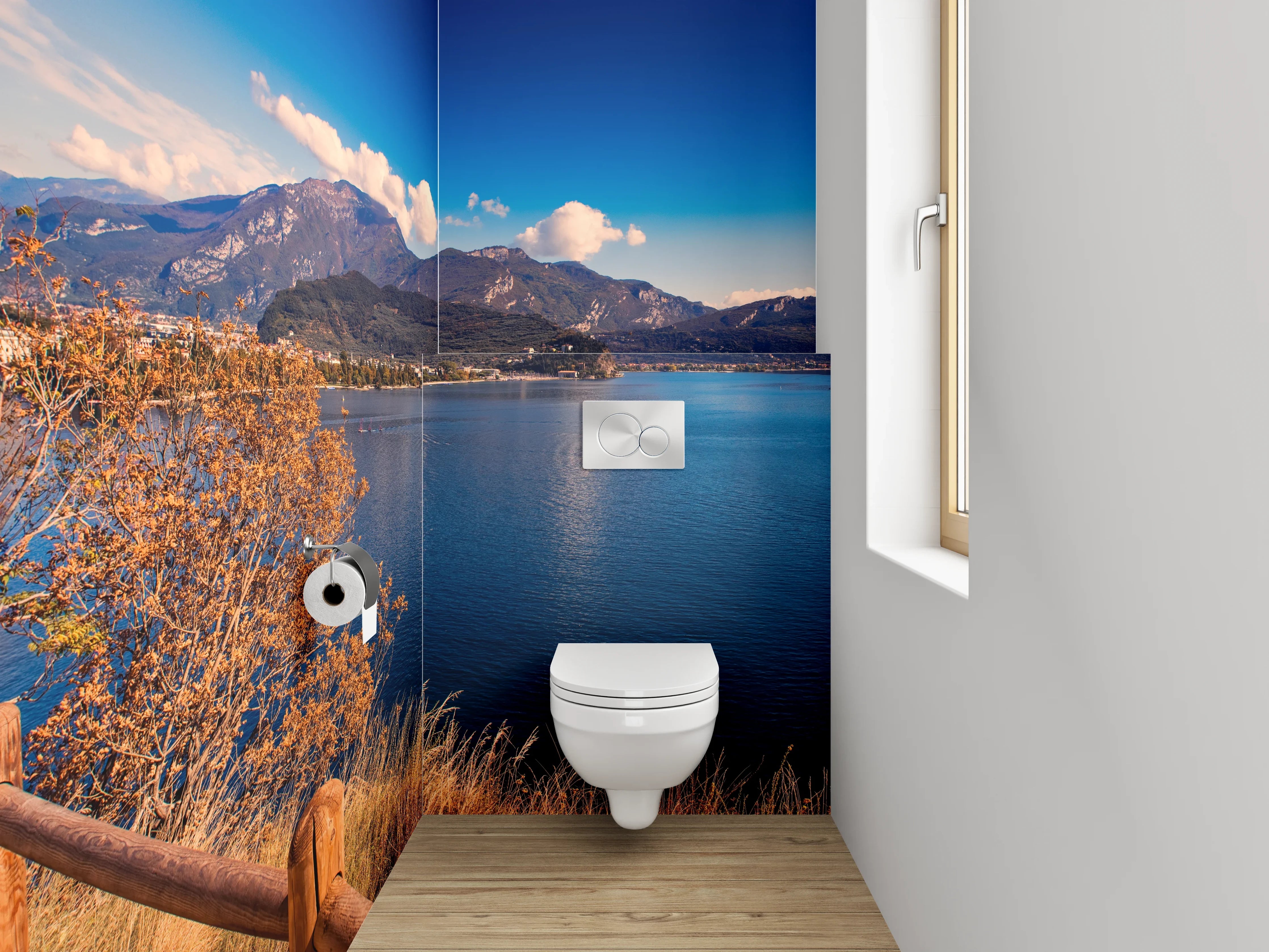 WC-Rückwand - Panoramaweg am See mit Bergen