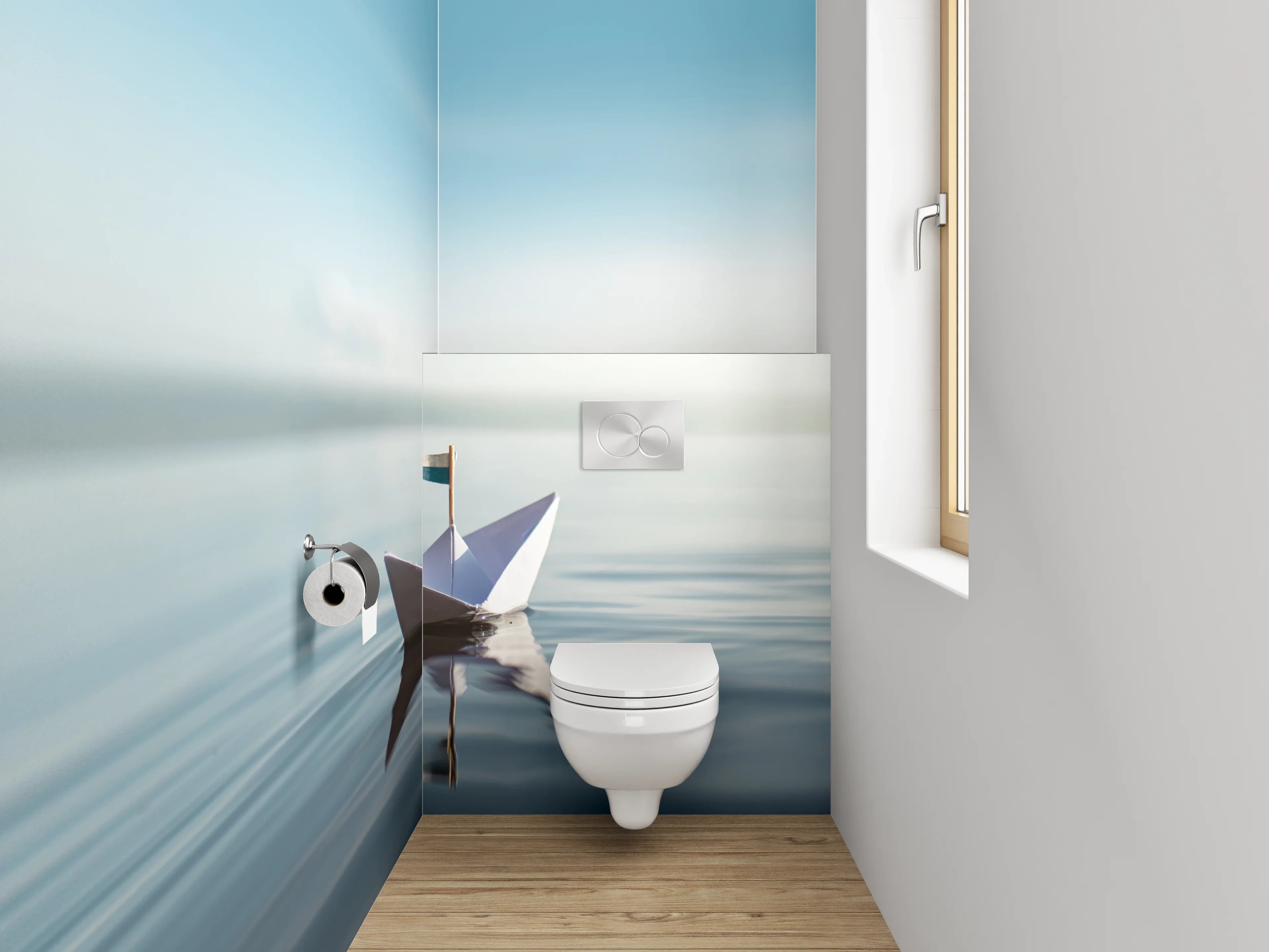 WC-Rückwand - Papierboot auf ruhigem Wasser