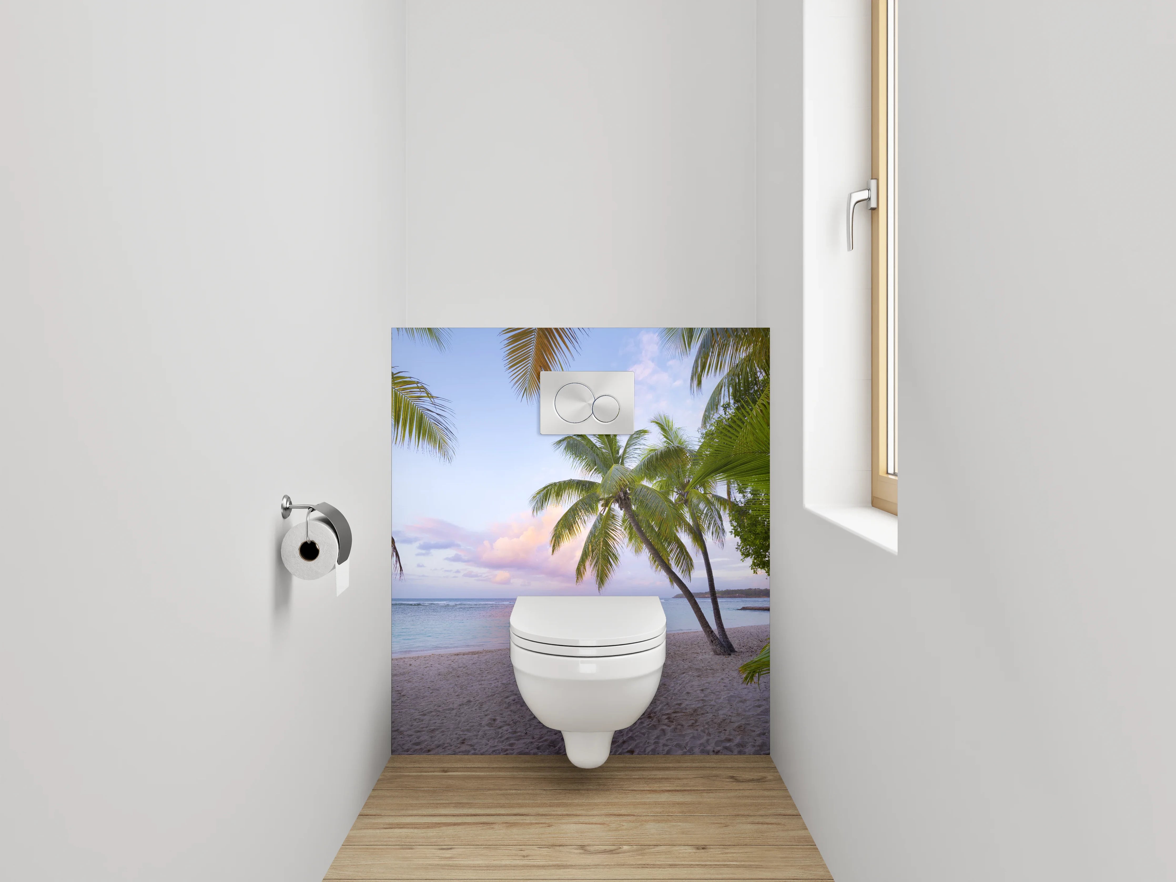 WC-Rückwand - Paradiesischer Palmenstrand Sonnenuntergang