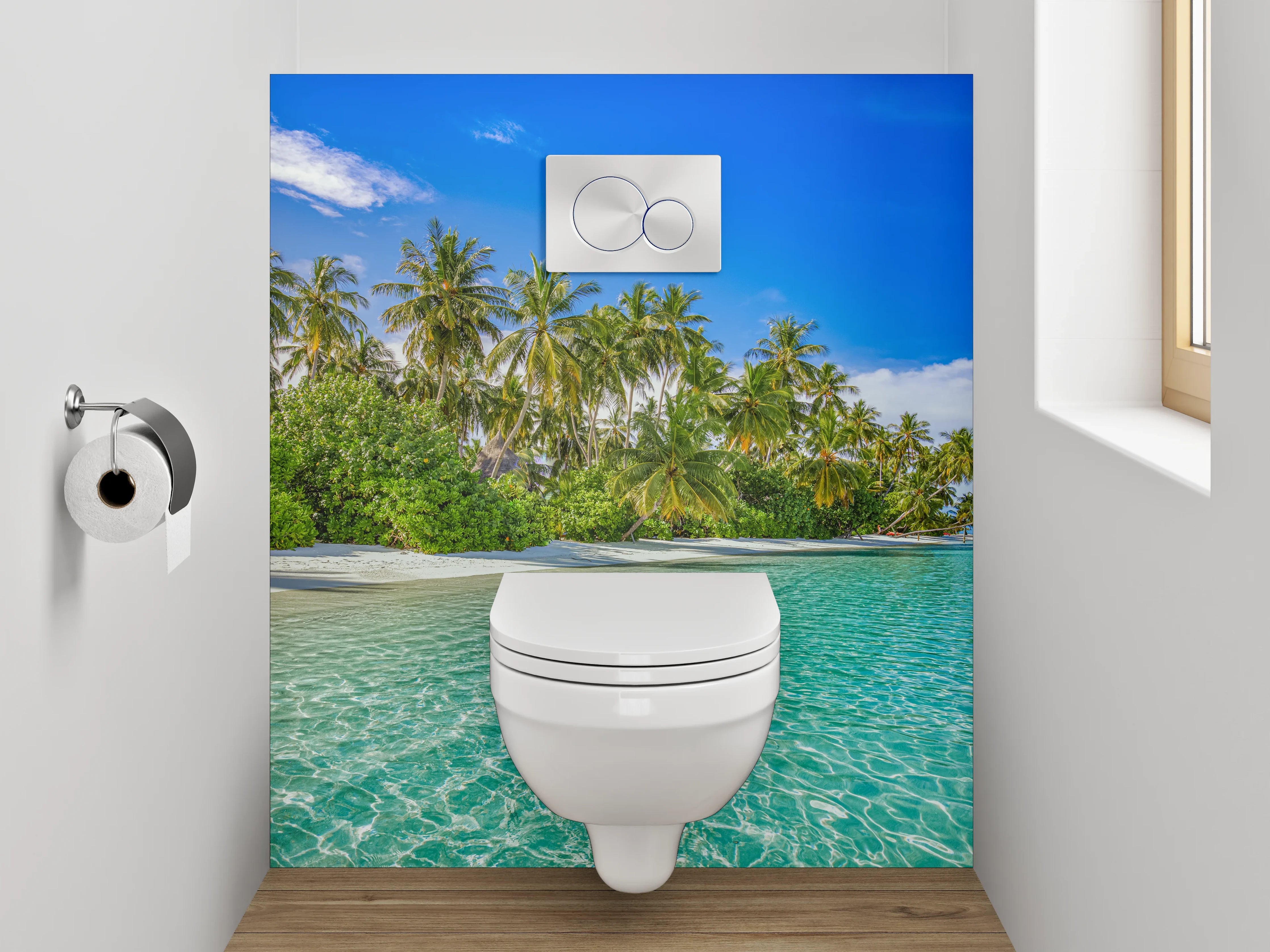 WC-Rückwand - Paradiesischer Palmenstrand mit türkisblauem Wasser