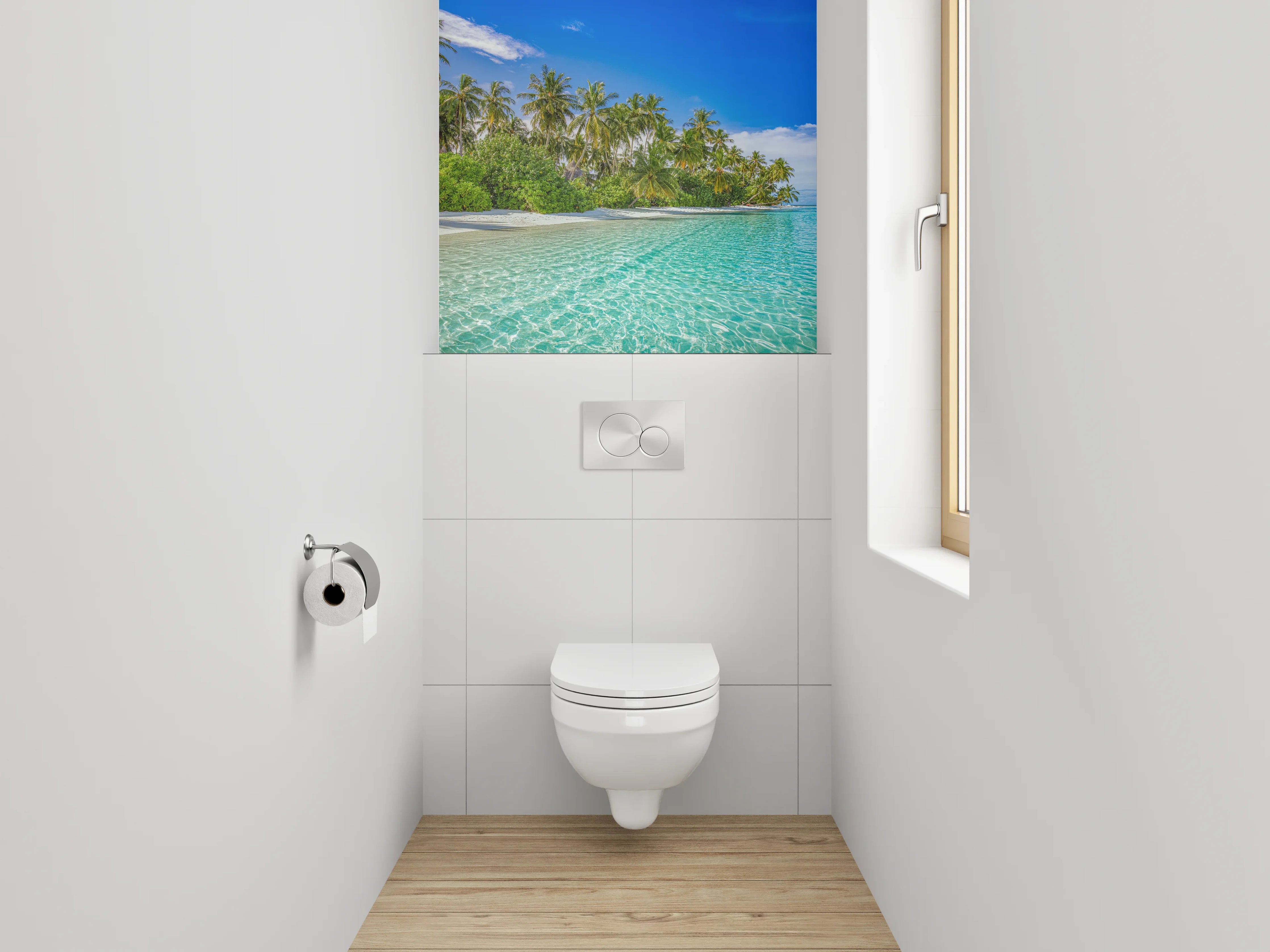 WC-Rückwand - Paradiesischer Palmenstrand mit türkisblauem Wasser