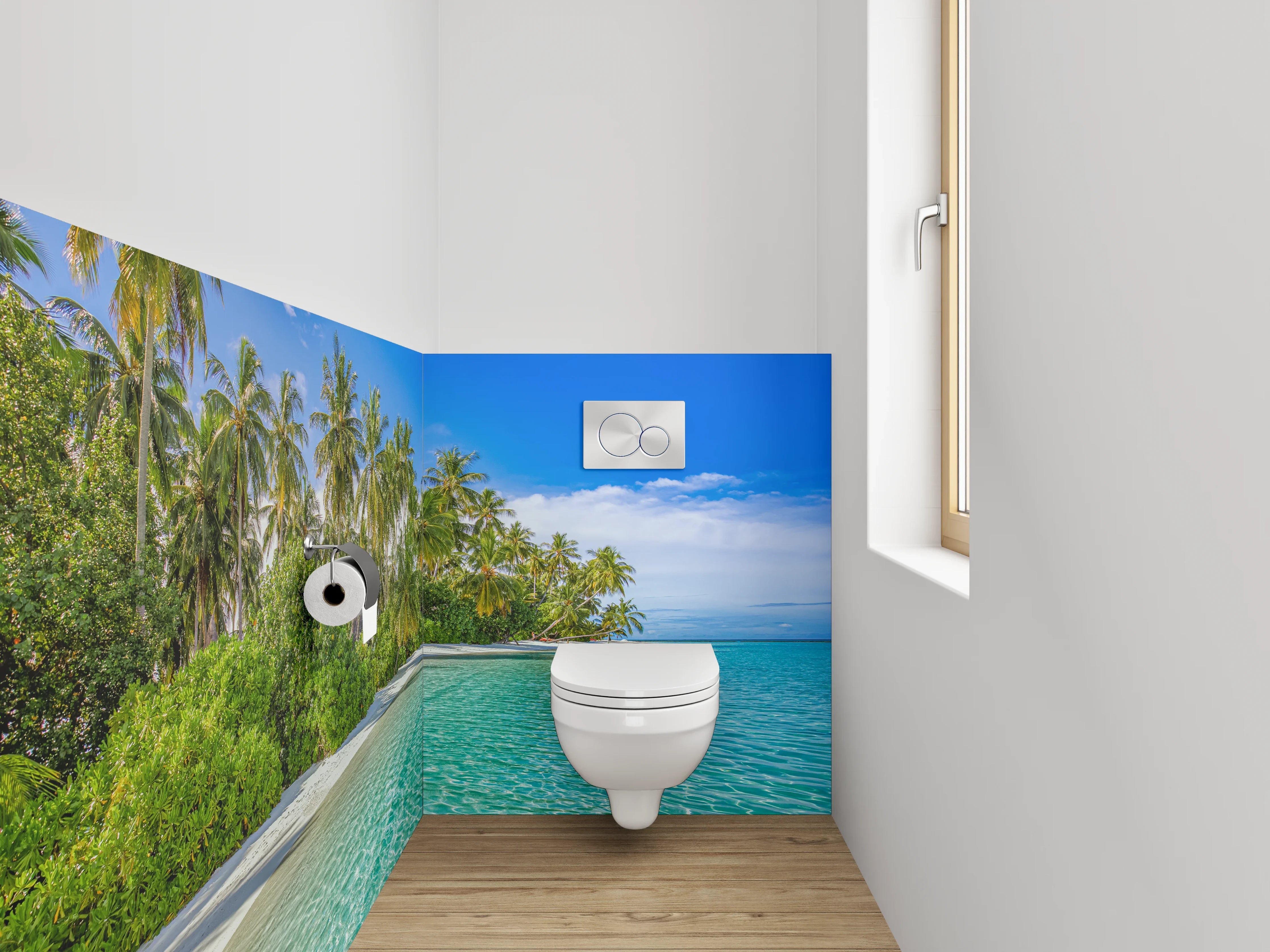 WC-Rückwand - Paradiesischer Palmenstrand mit türkisblauem Wasser