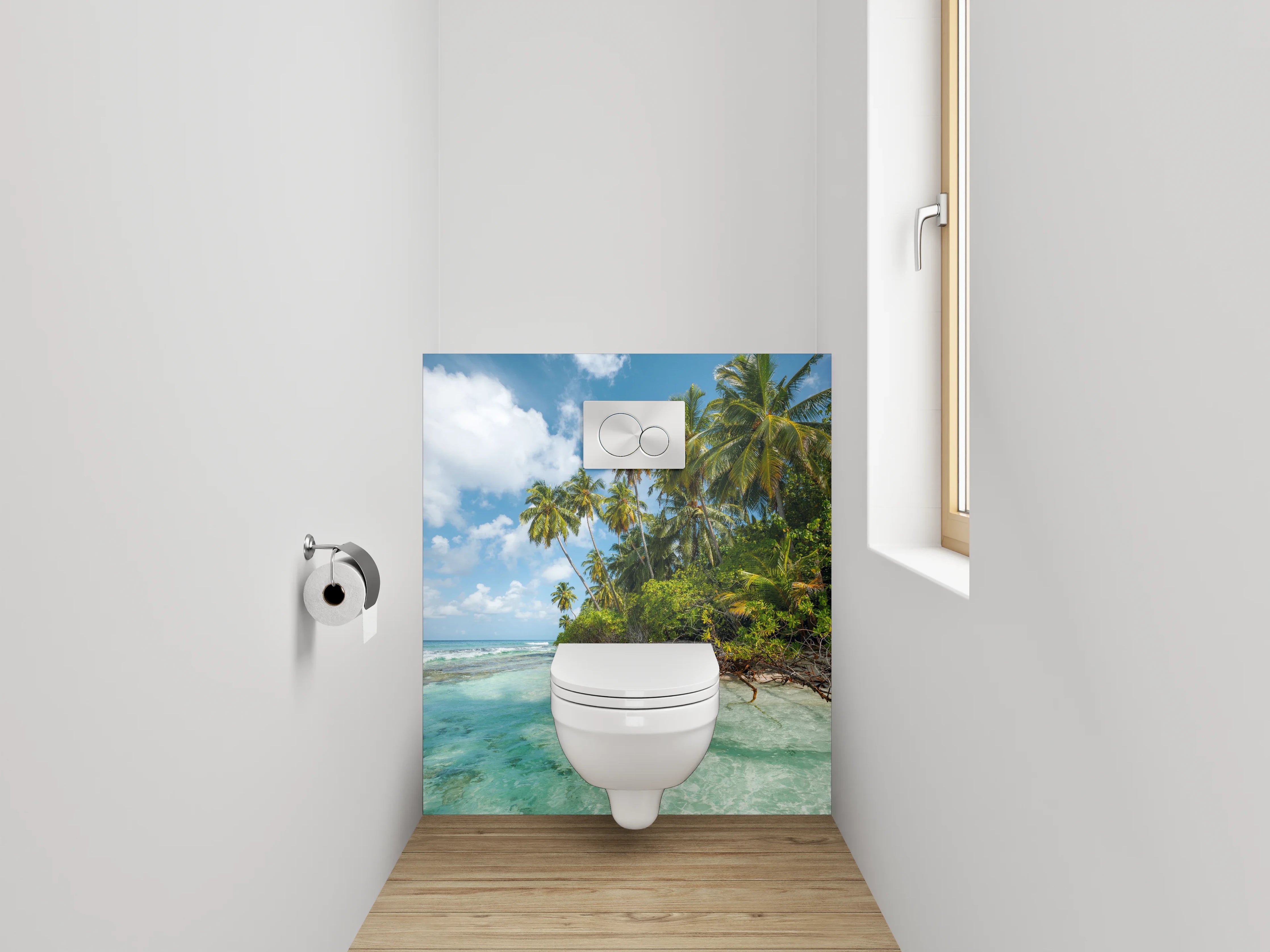 WC-Rückwand - Paradiesischer Palmenstrand und türkisblaues Meer