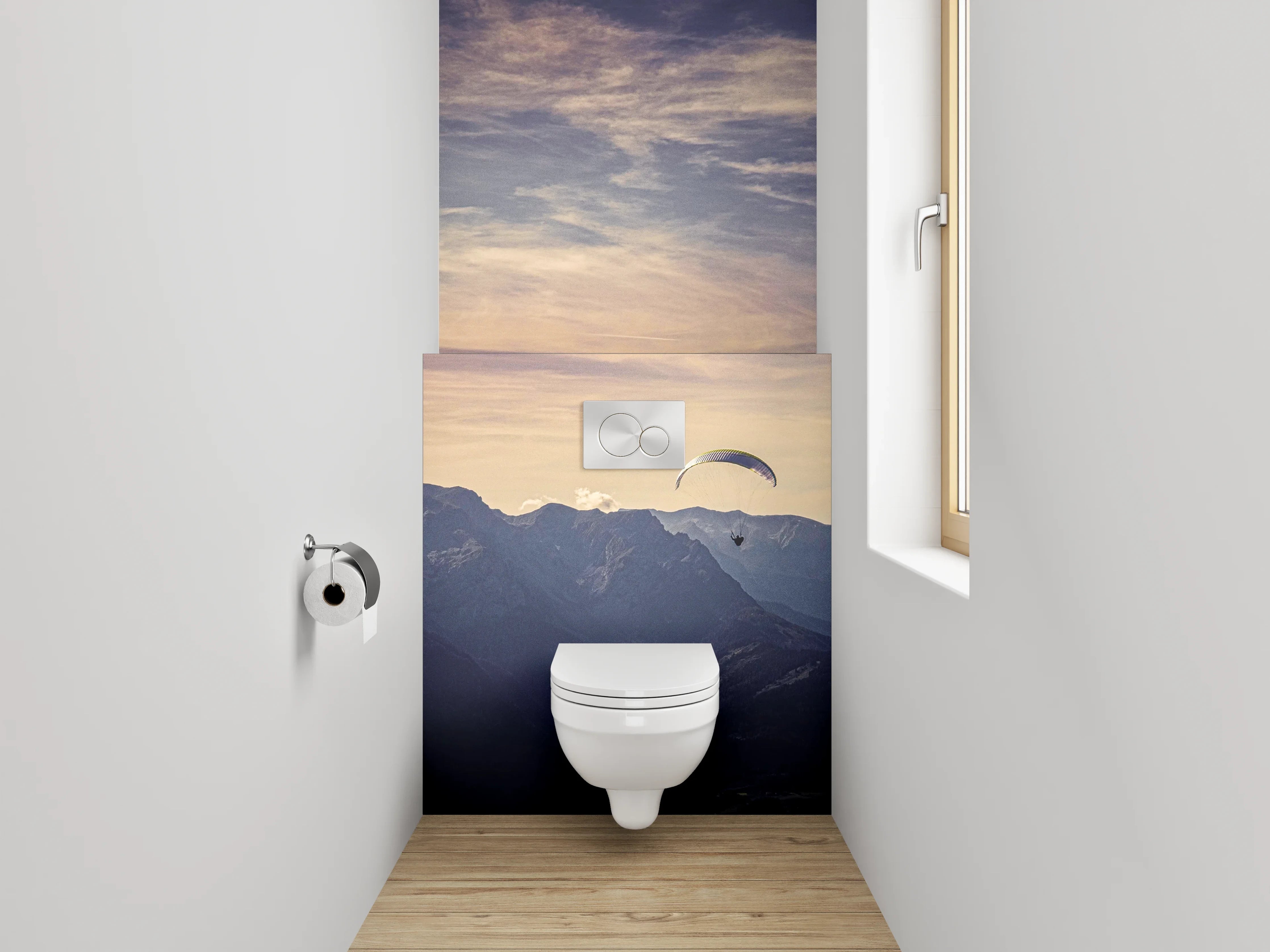 WC-Rückwand - Paragliding über malerische Berge