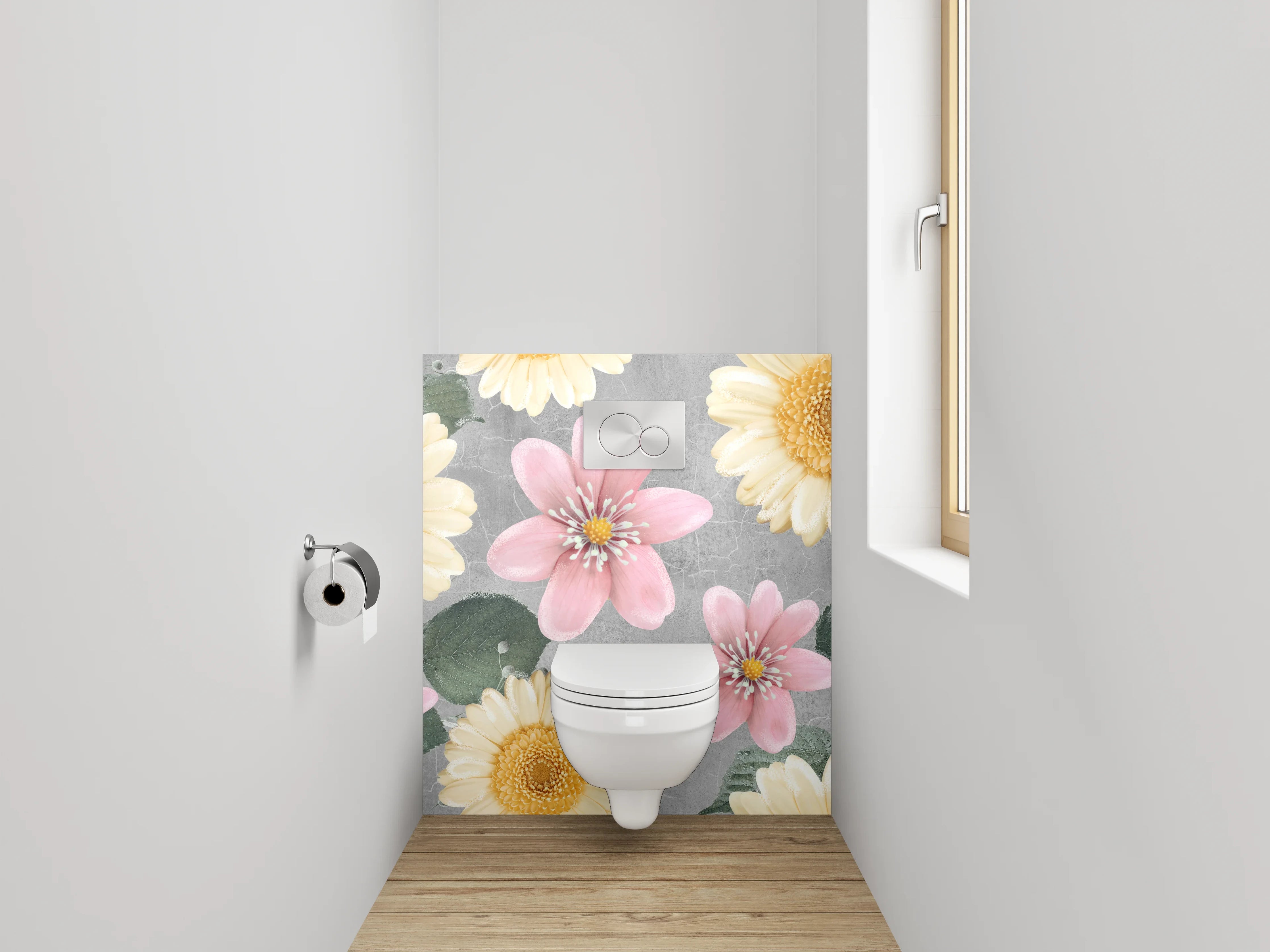WC-Rückwand - Pastellblumen auf grauem Hintergrund