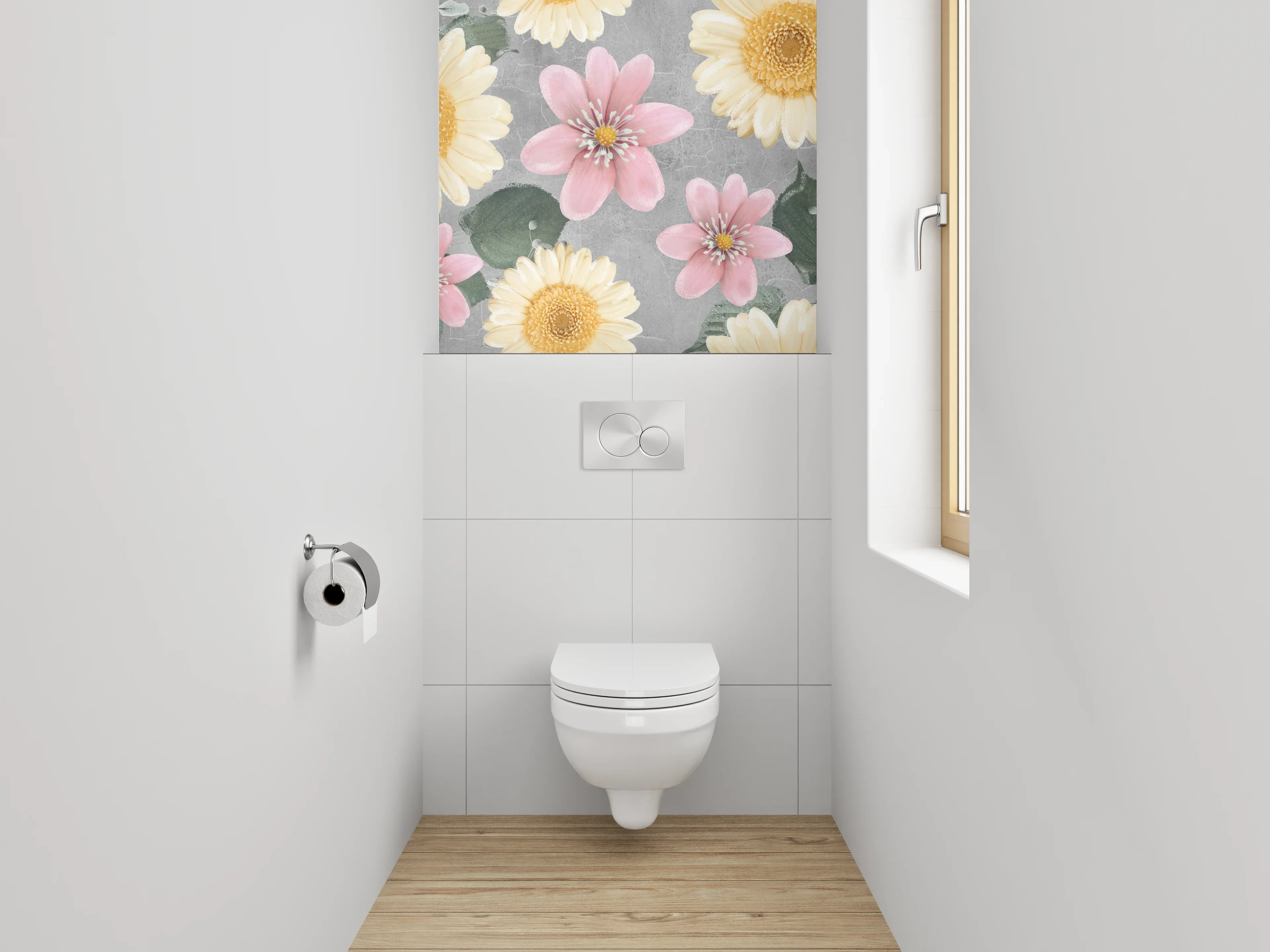 WC-Rückwand - Pastellblumen auf grauem Hintergrund