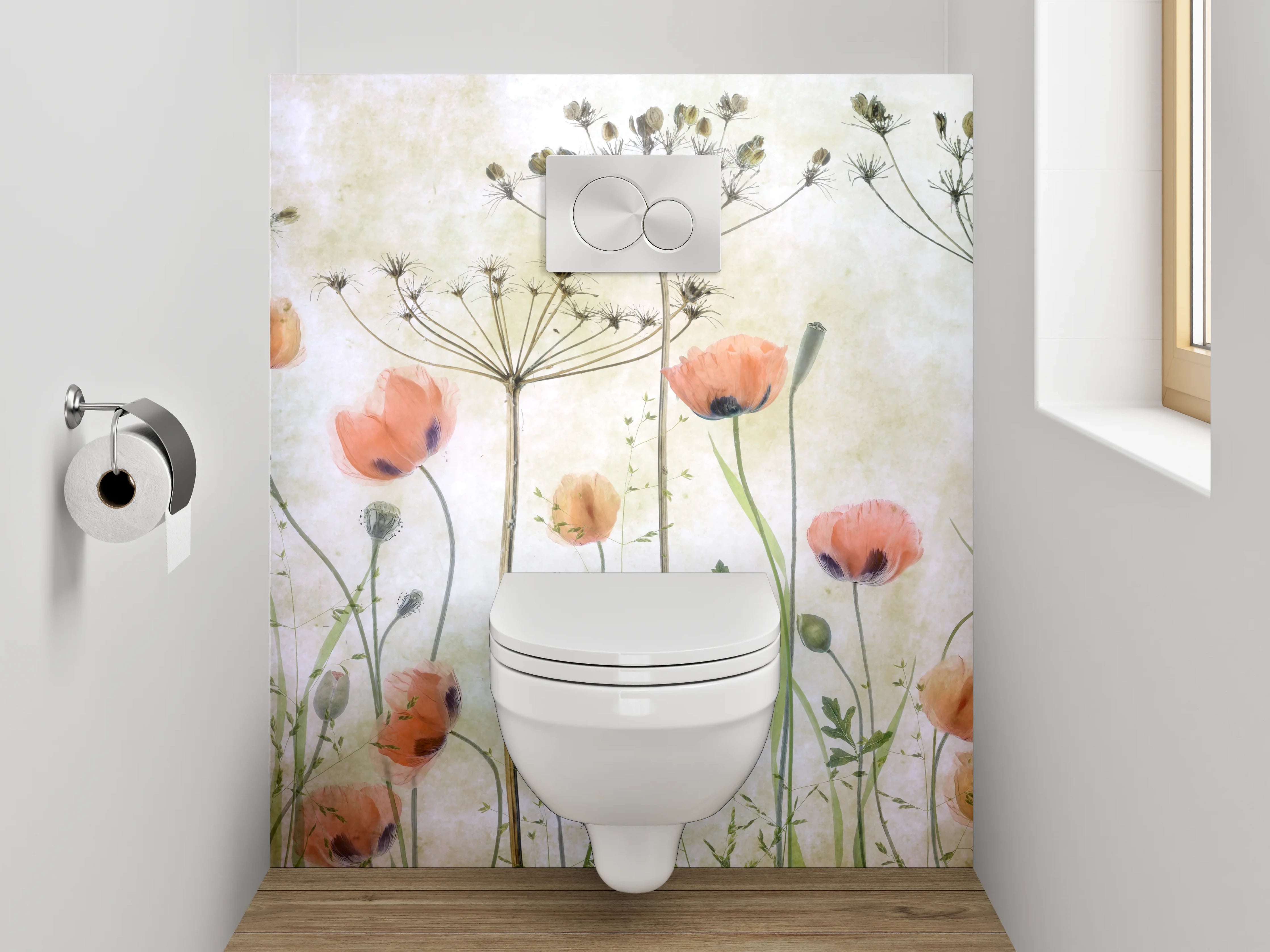 WC-Rückwand - Pastellgraue Blütenpoesie im Aquarell