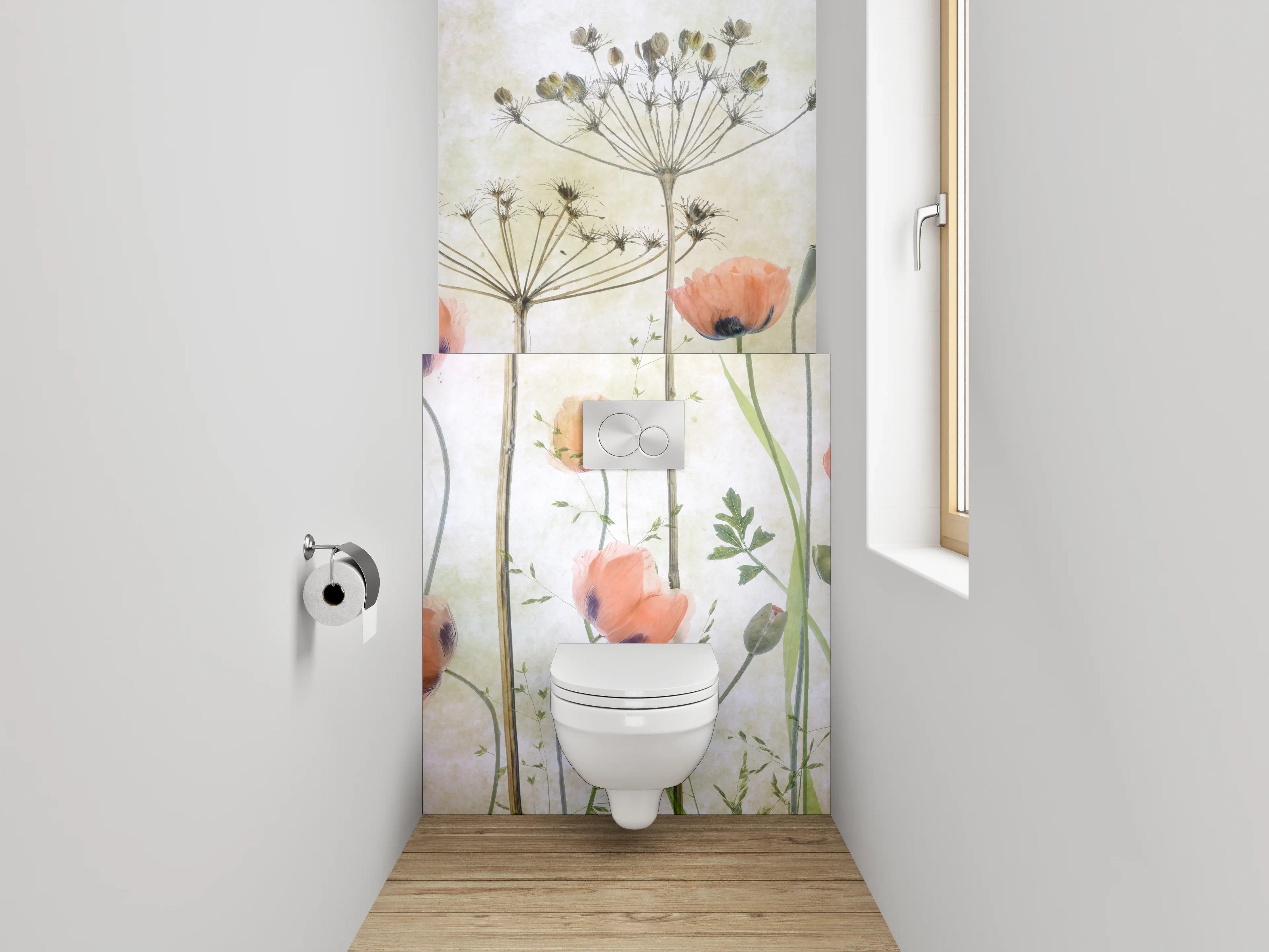 WC-Rückwand - Pastellgraue Blütenpoesie im Aquarell
