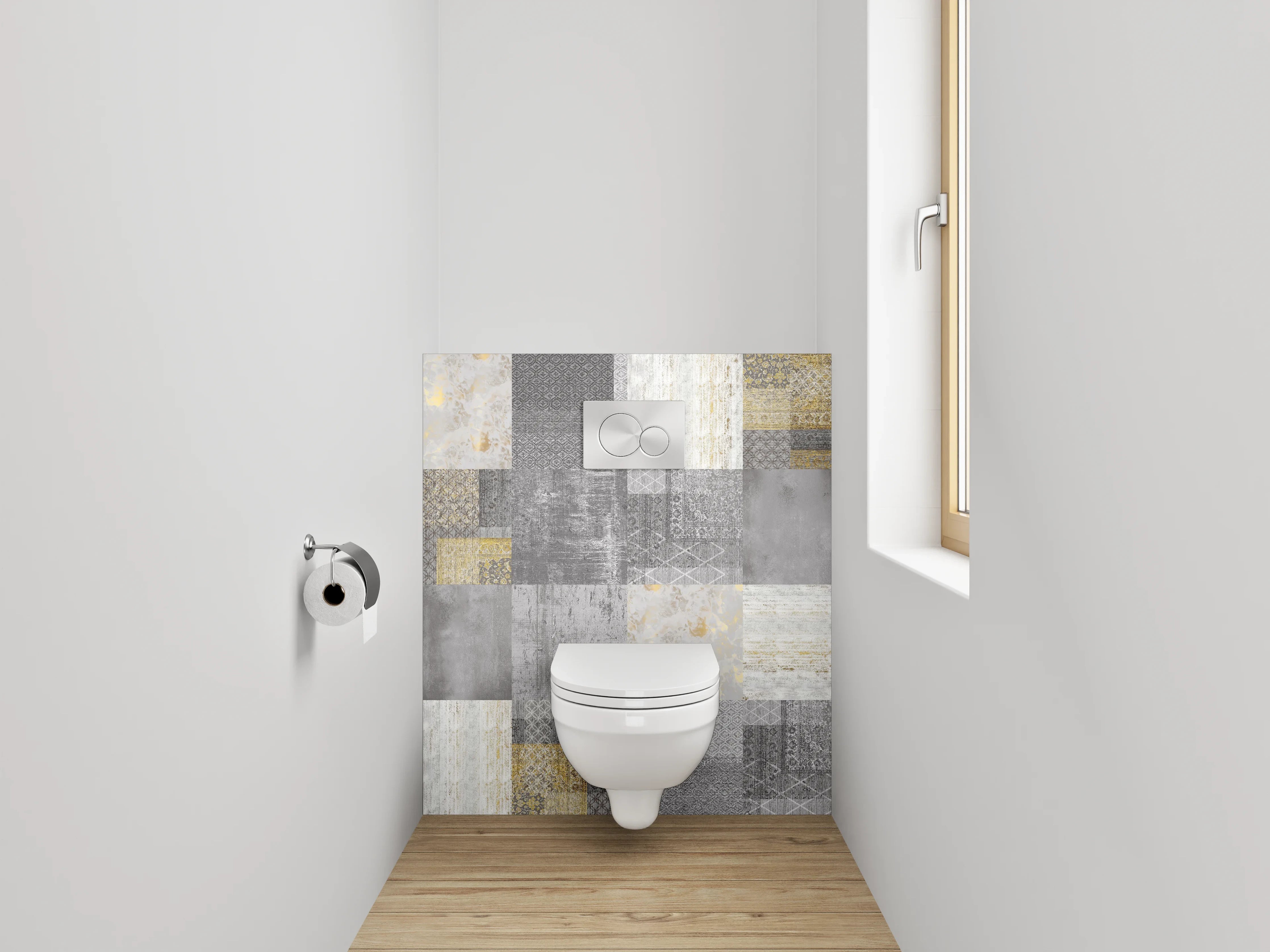 WC-Rückwand - Patchwork Fliesen in Grau und Gold