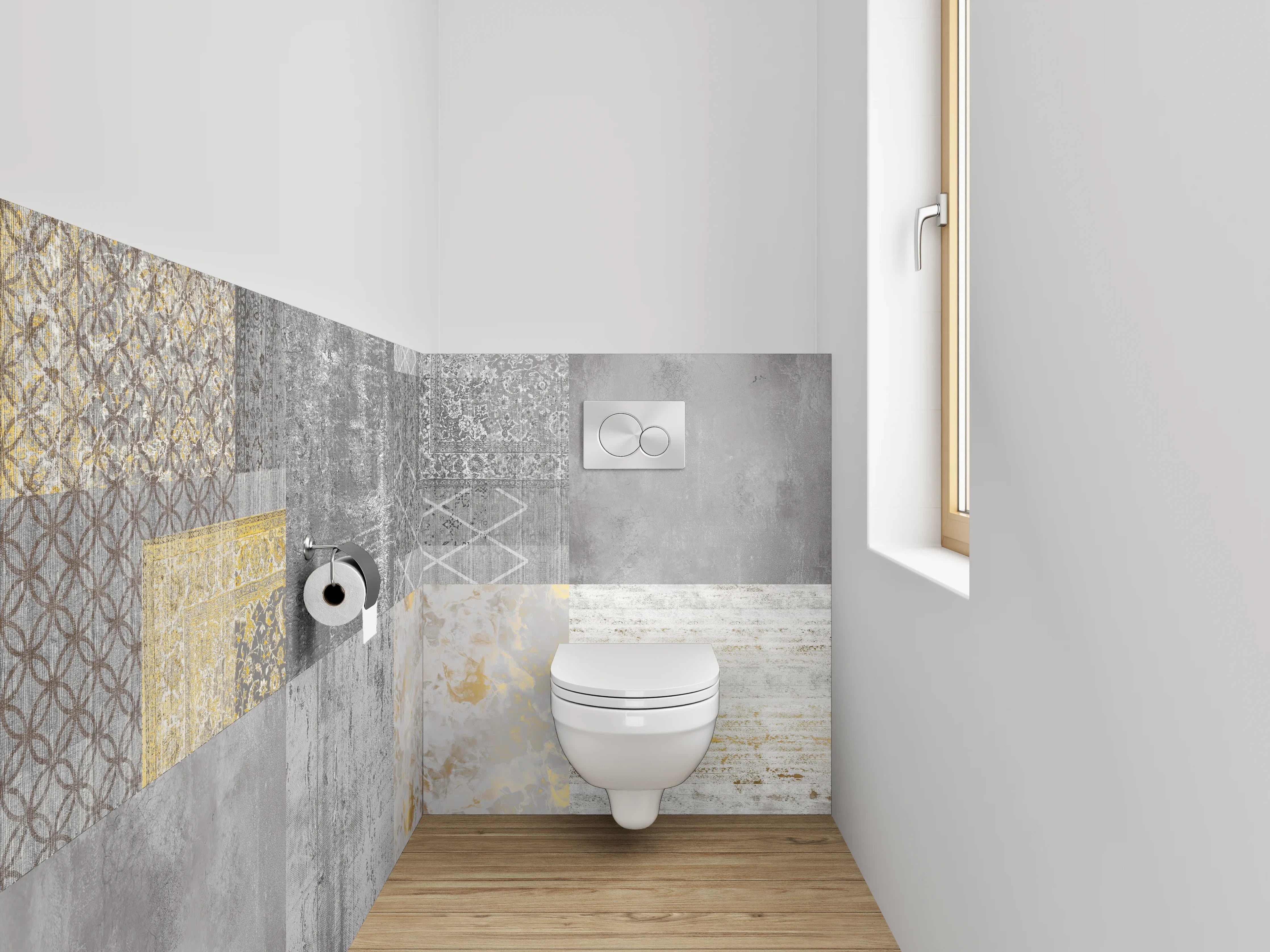 WC-Rückwand - Patchwork Fliesen in Grau und Gold