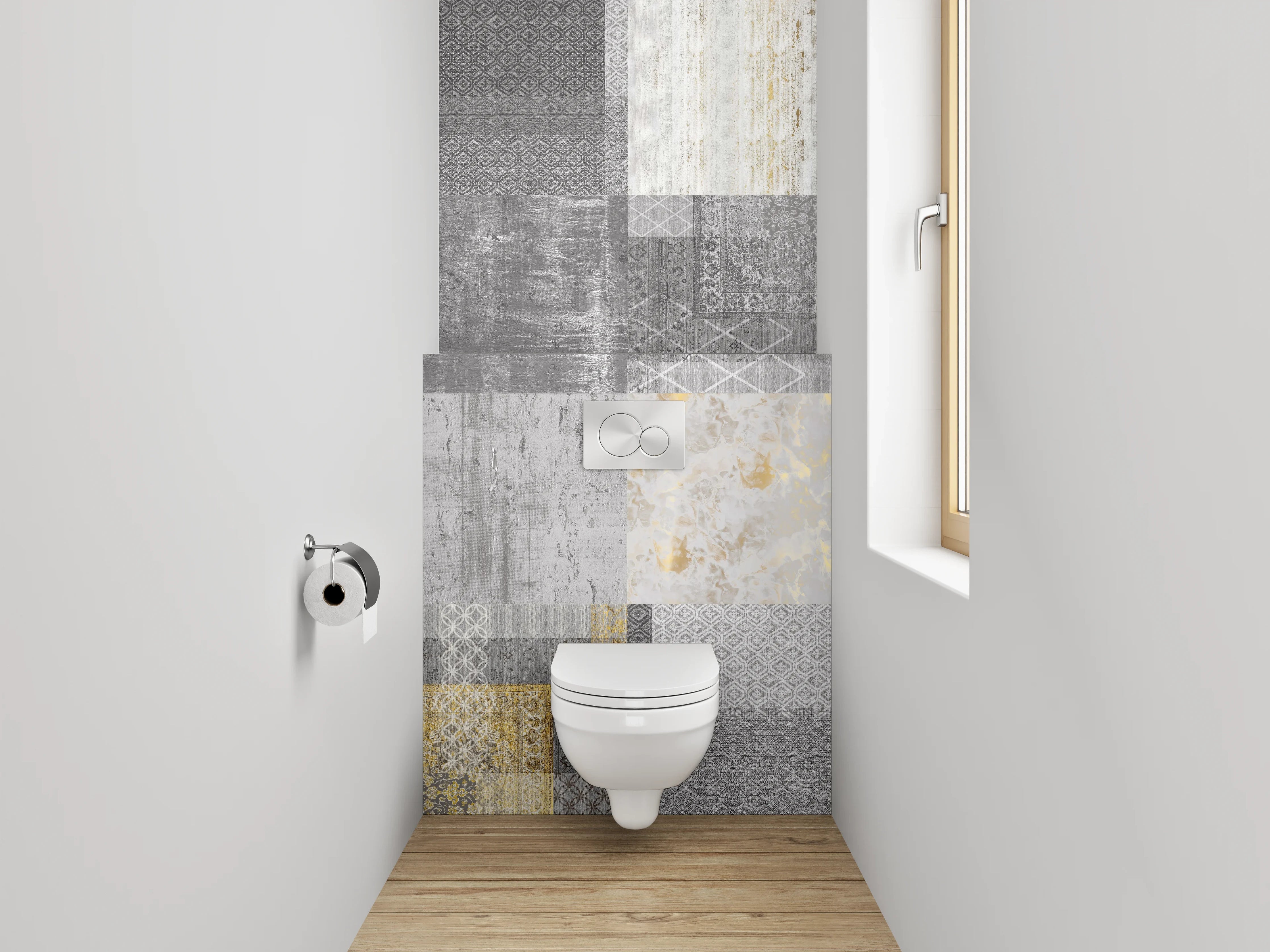 WC-Rückwand - Patchwork Fliesen in Grau und Gold
