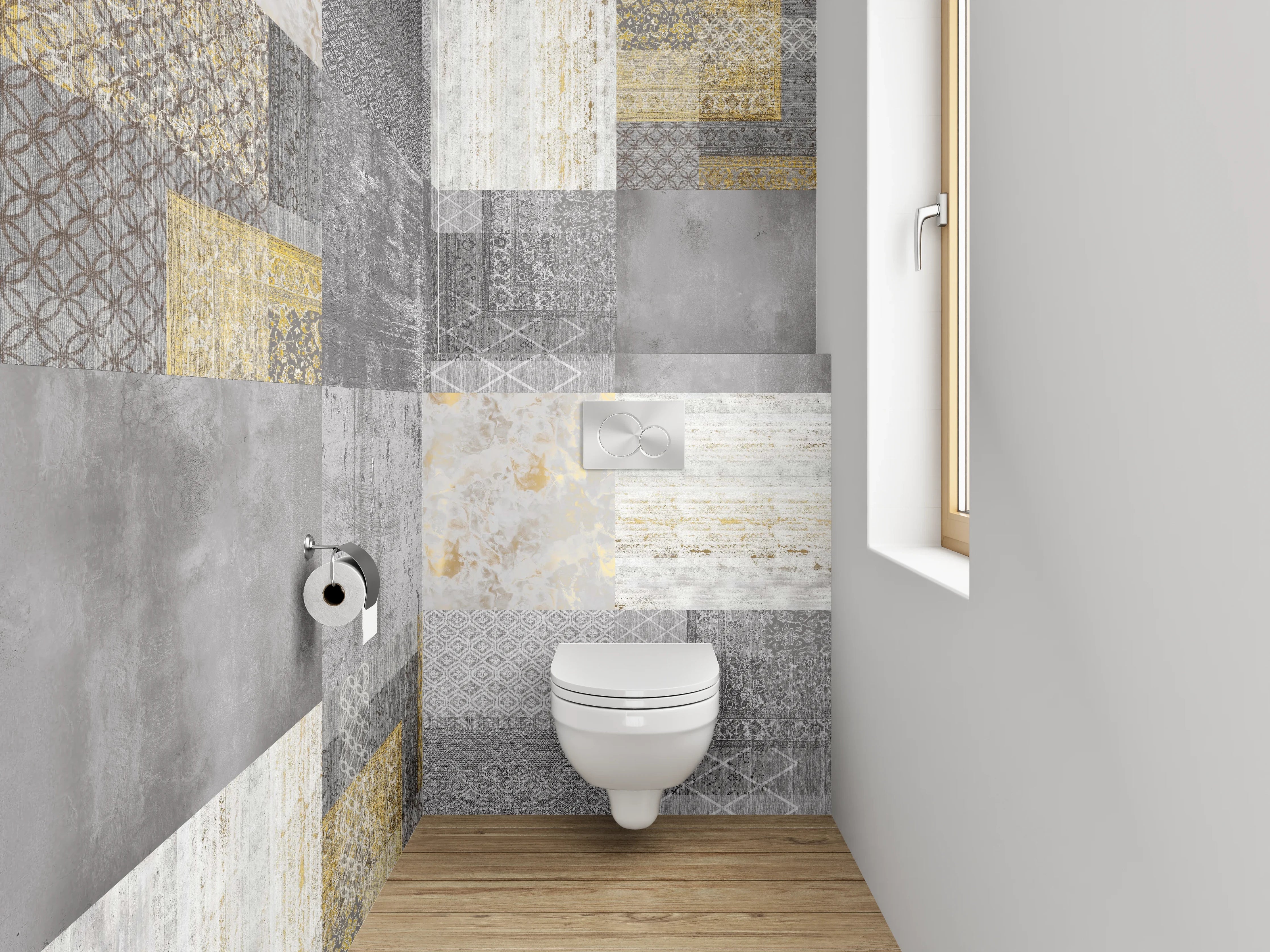 WC-Rückwand - Patchwork Fliesen in Grau und Gold