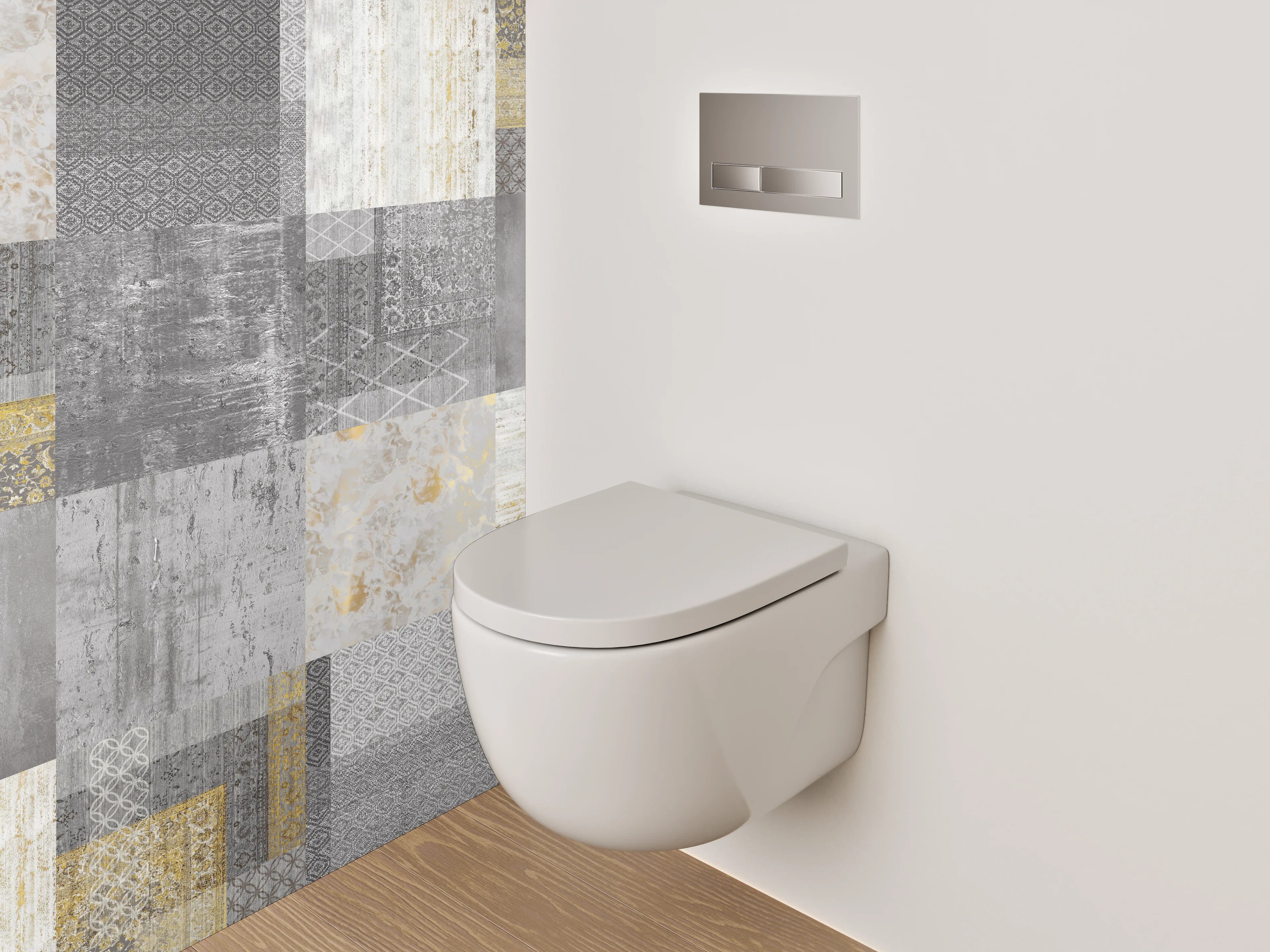 WC-Rückwand - Patchwork Fliesen in Grau und Gold