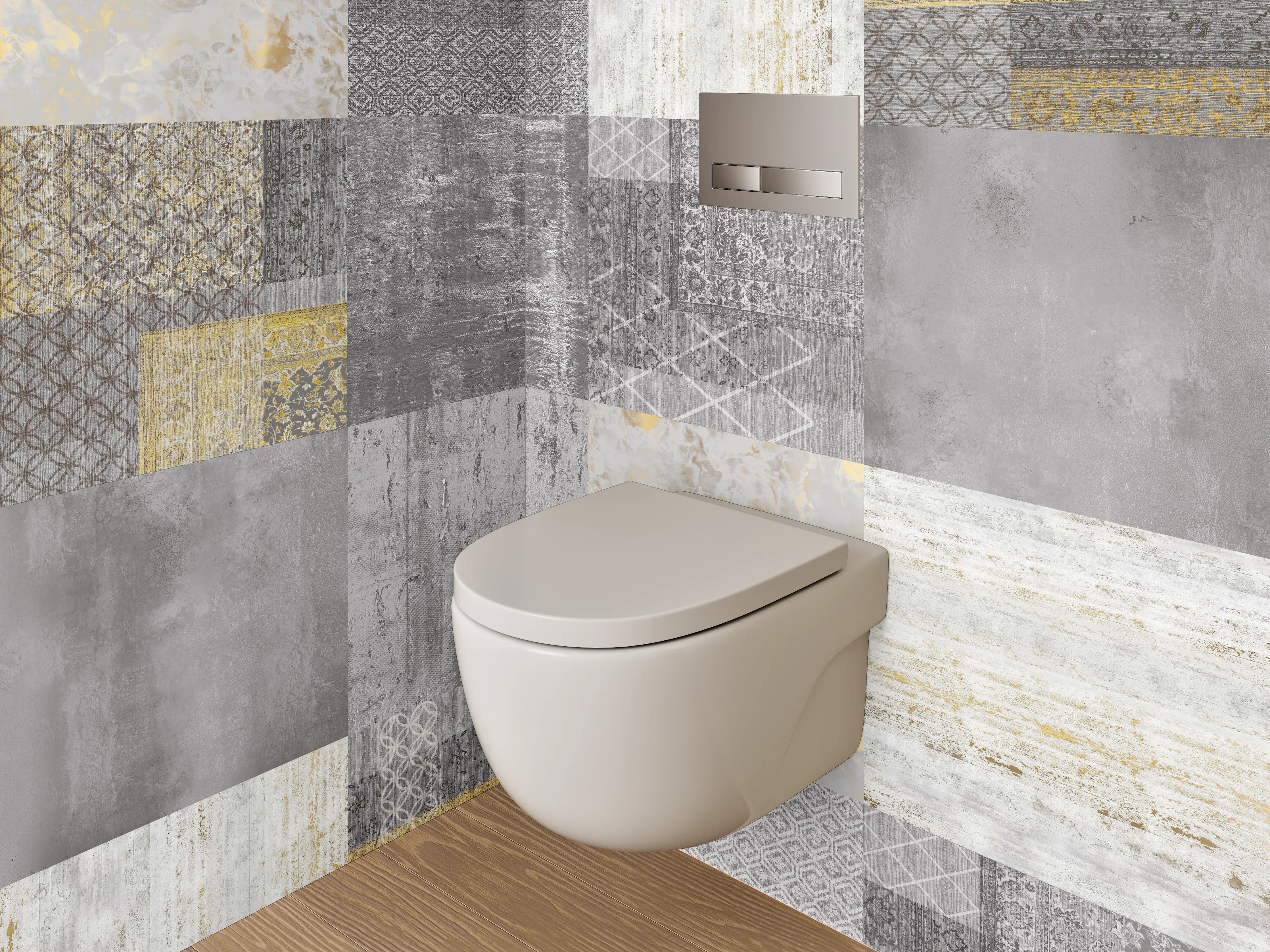 WC-Rückwand - Patchwork Fliesen in Grau und Gold