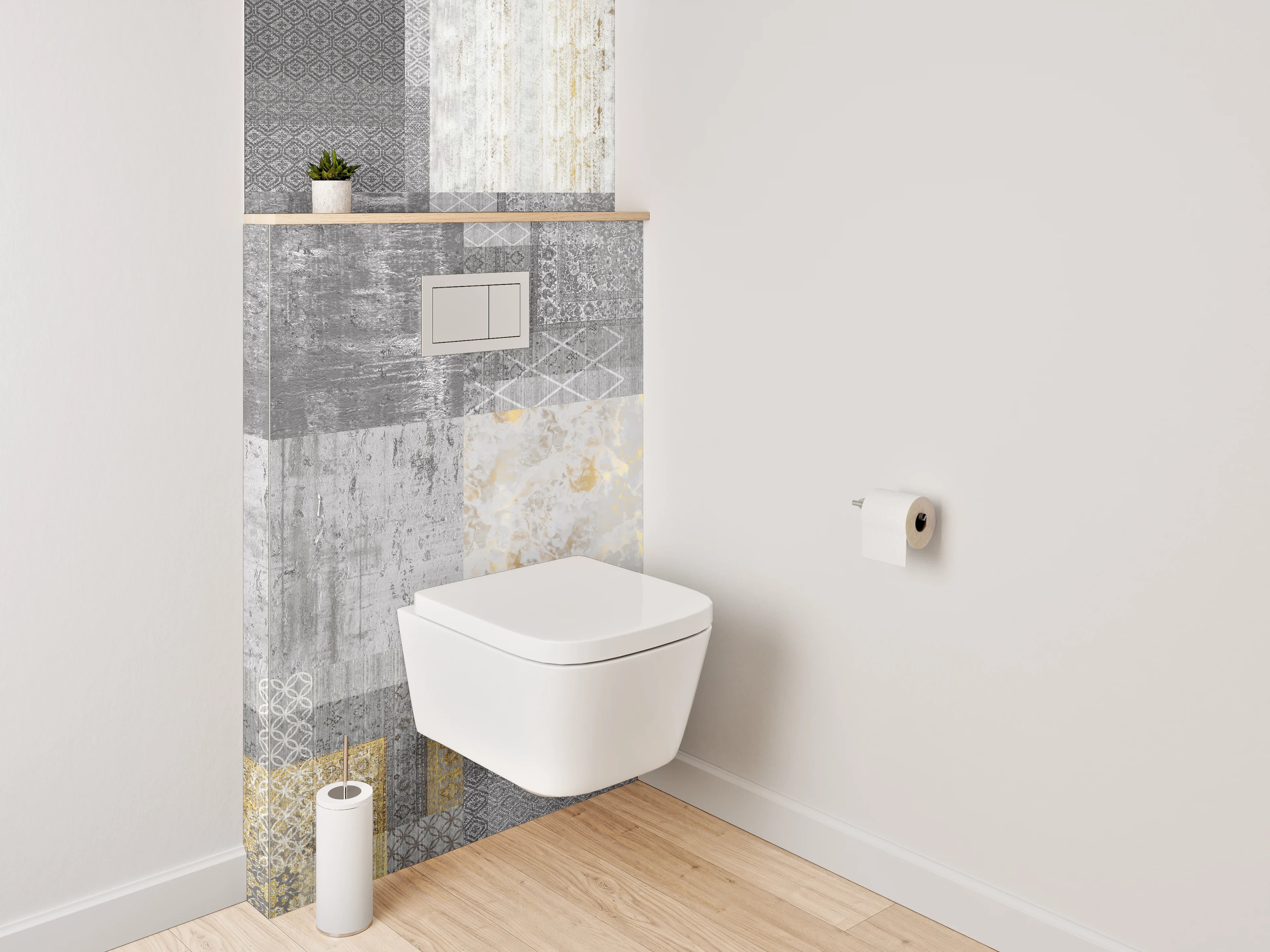 WC-Rückwand - Patchwork Fliesen in Grau und Gold