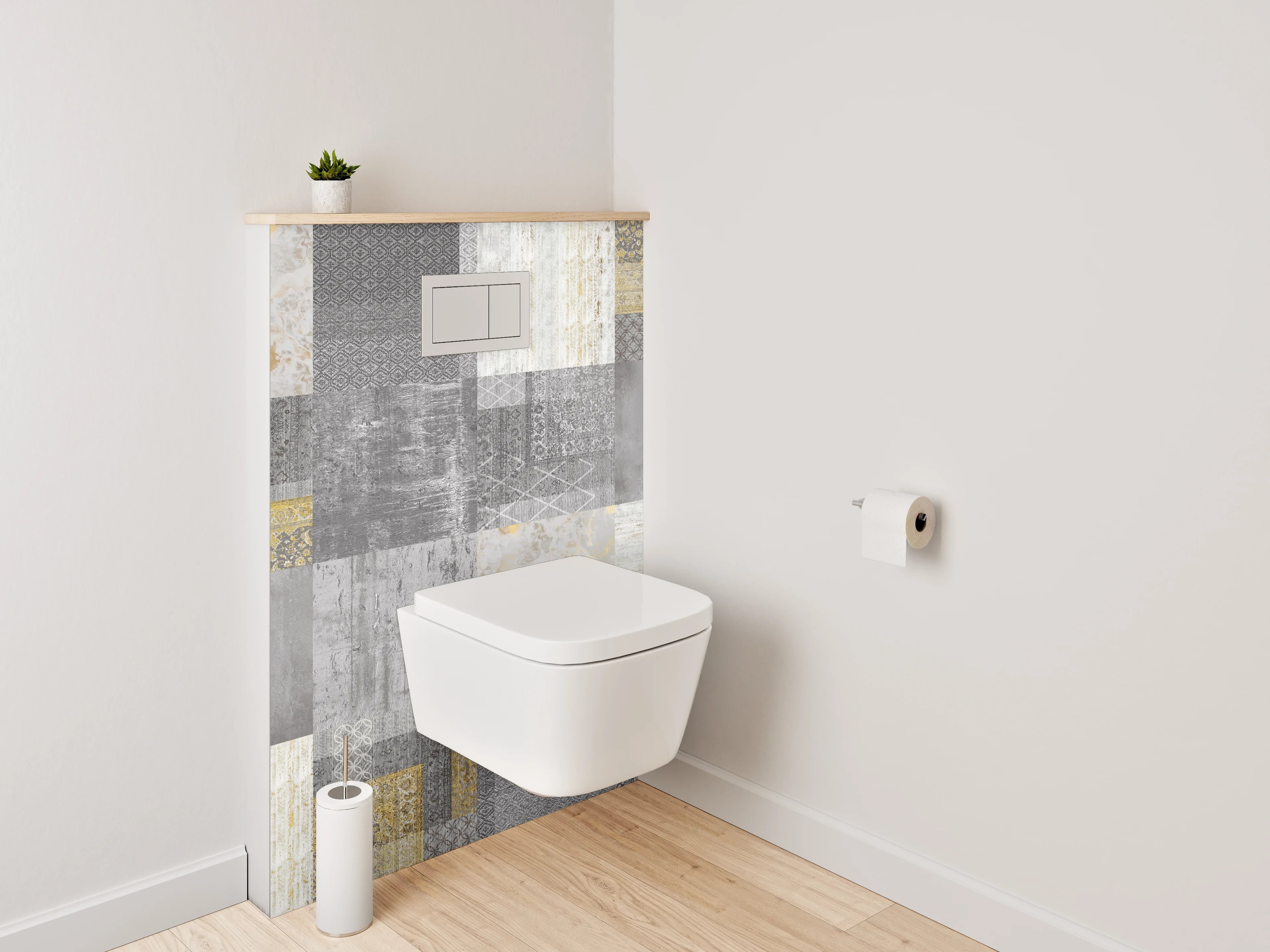 WC-Rückwand - Patchwork Fliesen in Grau und Gold