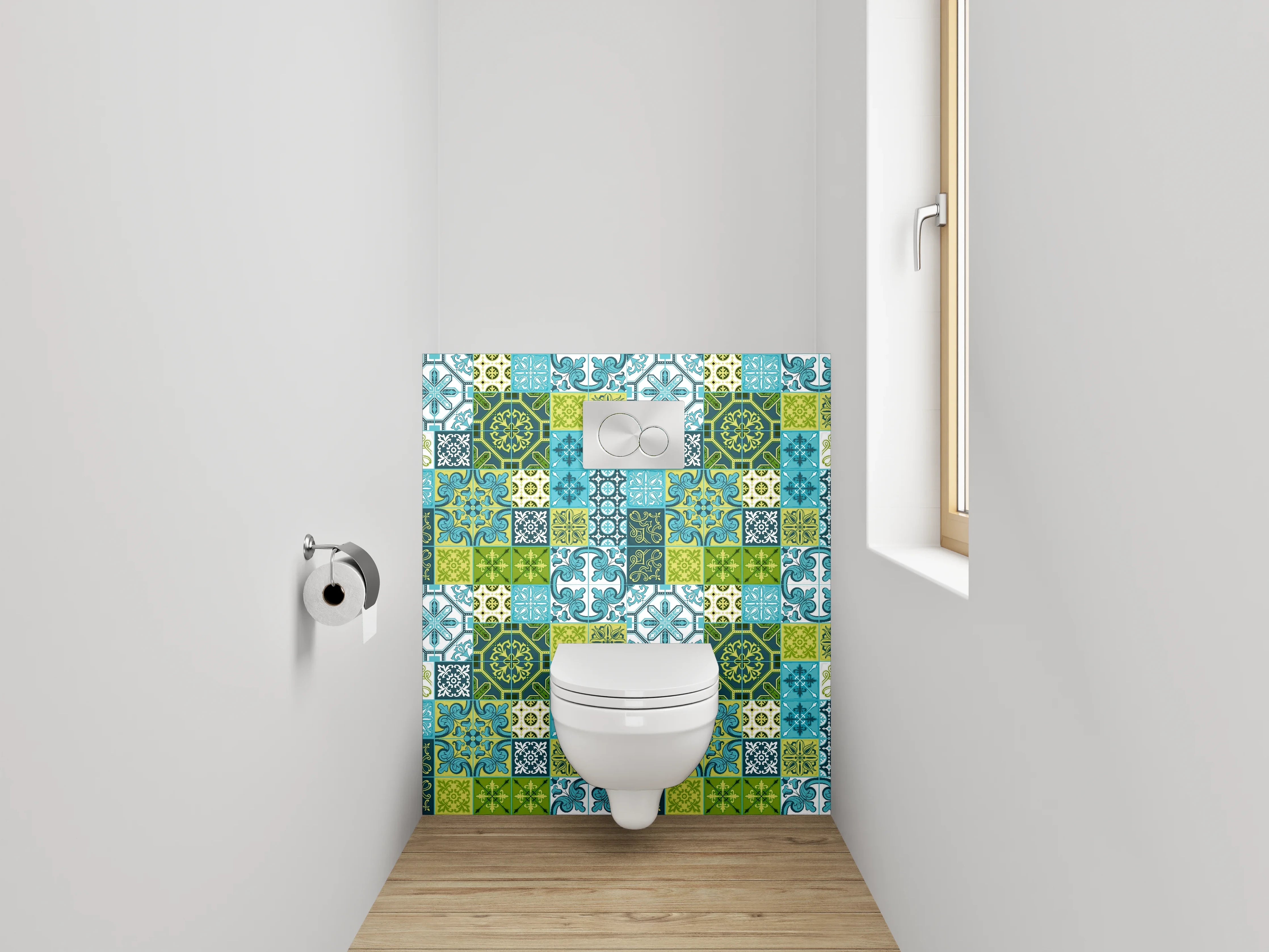 WC-Rückwand - Patchwork Fliesenmuster Blau Grün