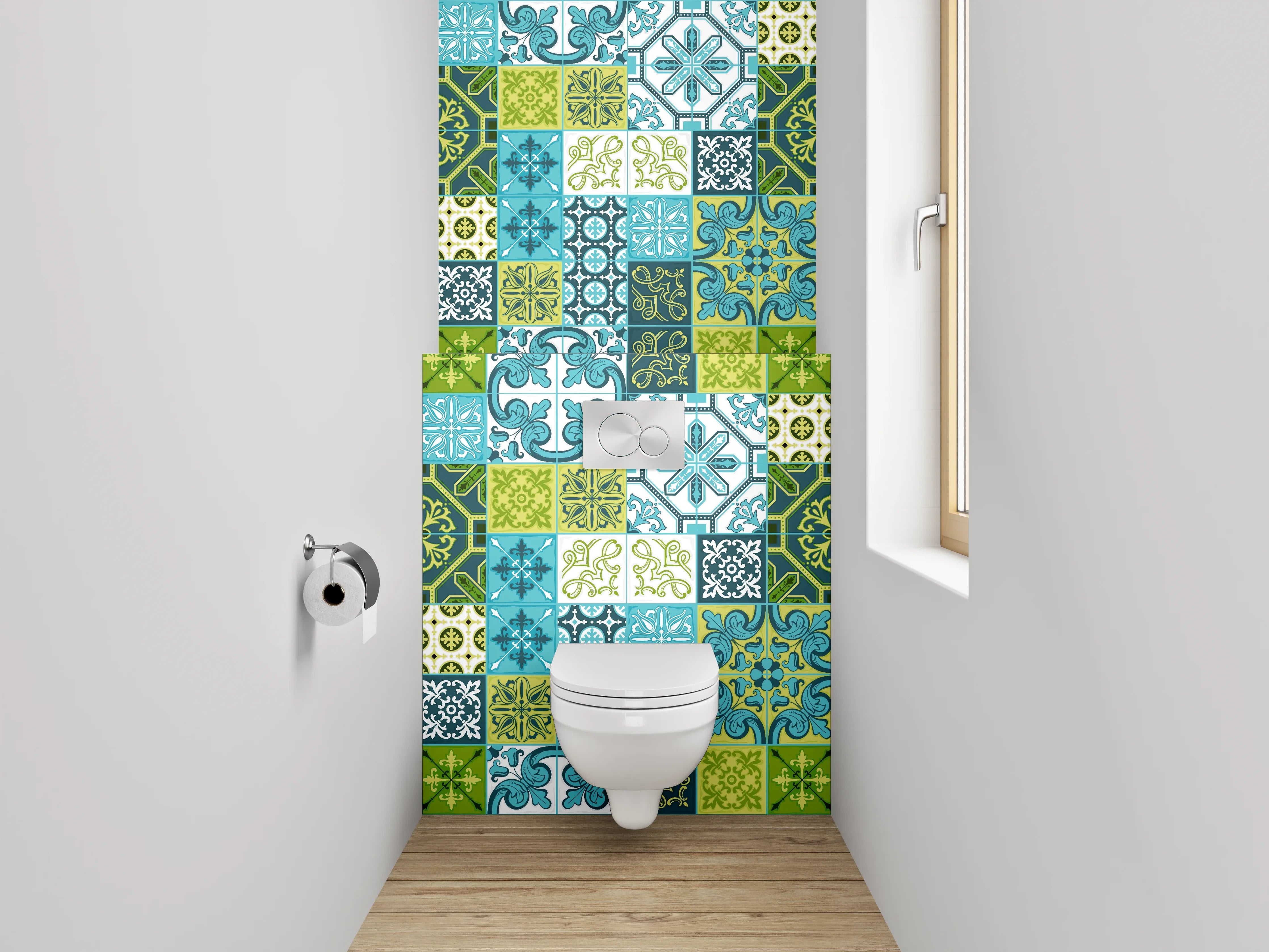 WC-Rückwand - Patchwork Fliesenmuster Blau Grün
