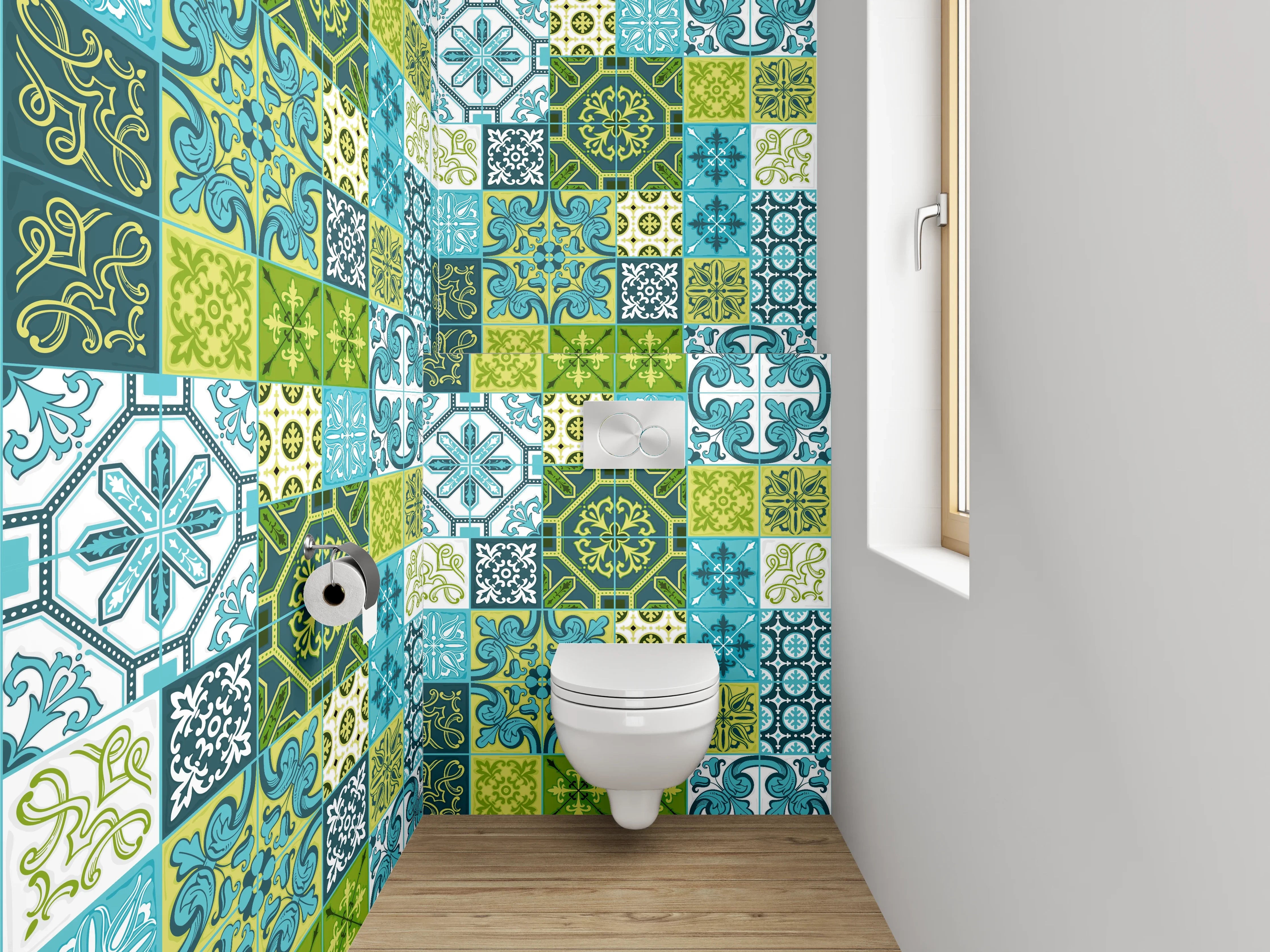 WC-Rückwand - Patchwork Fliesenmuster Blau Grün