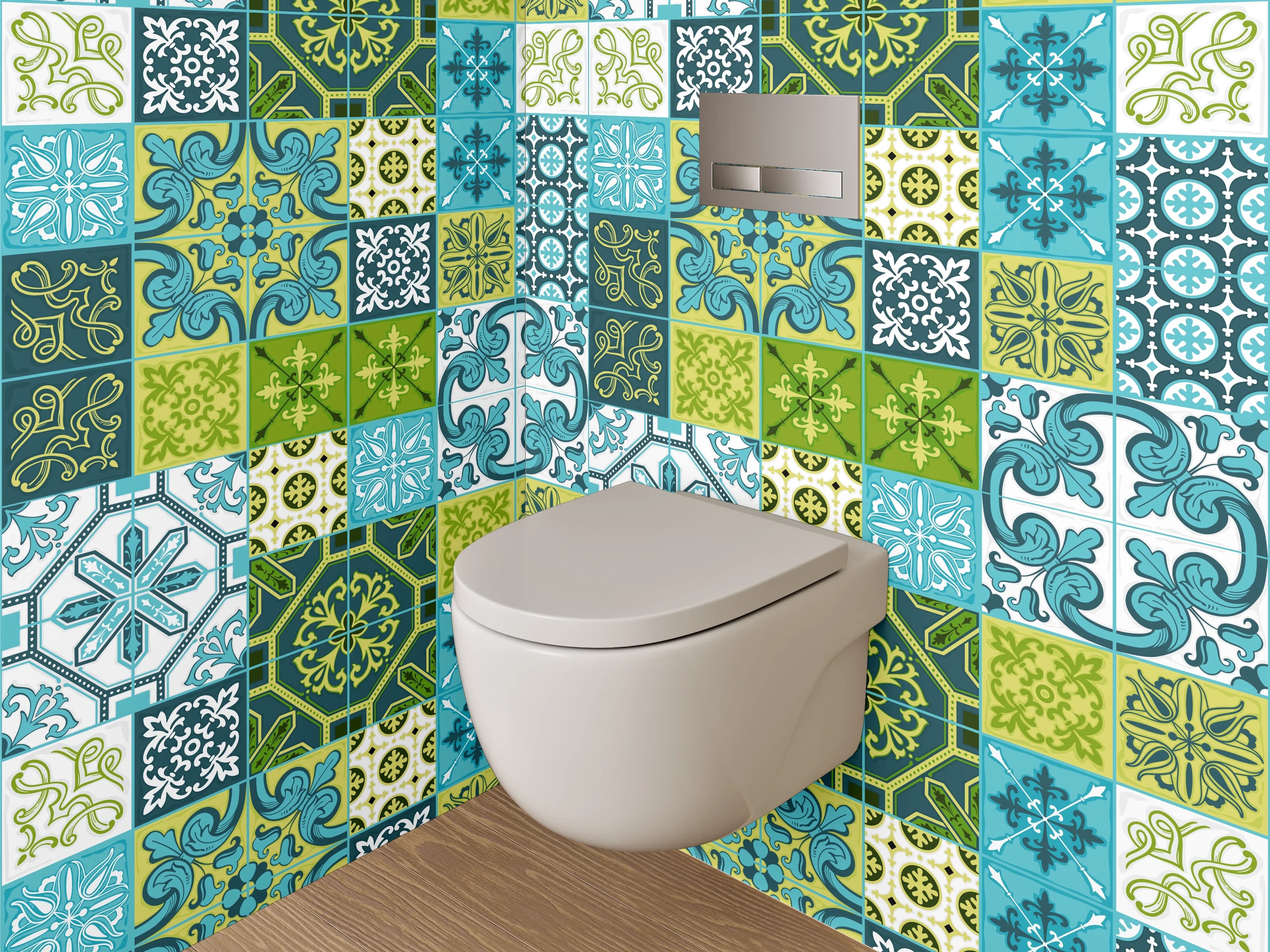 WC-Rückwand - Patchwork Fliesenmuster Blau Grün
