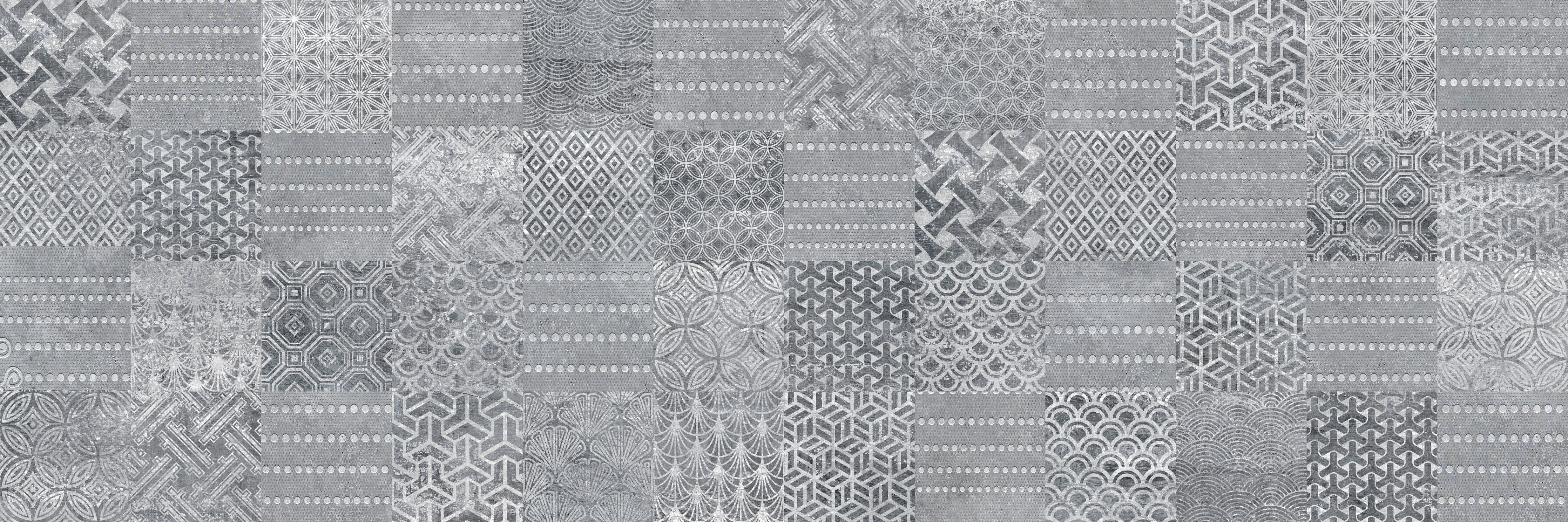 WC-Rückwand-Patchwork Fliesenmuster Grau Weiß