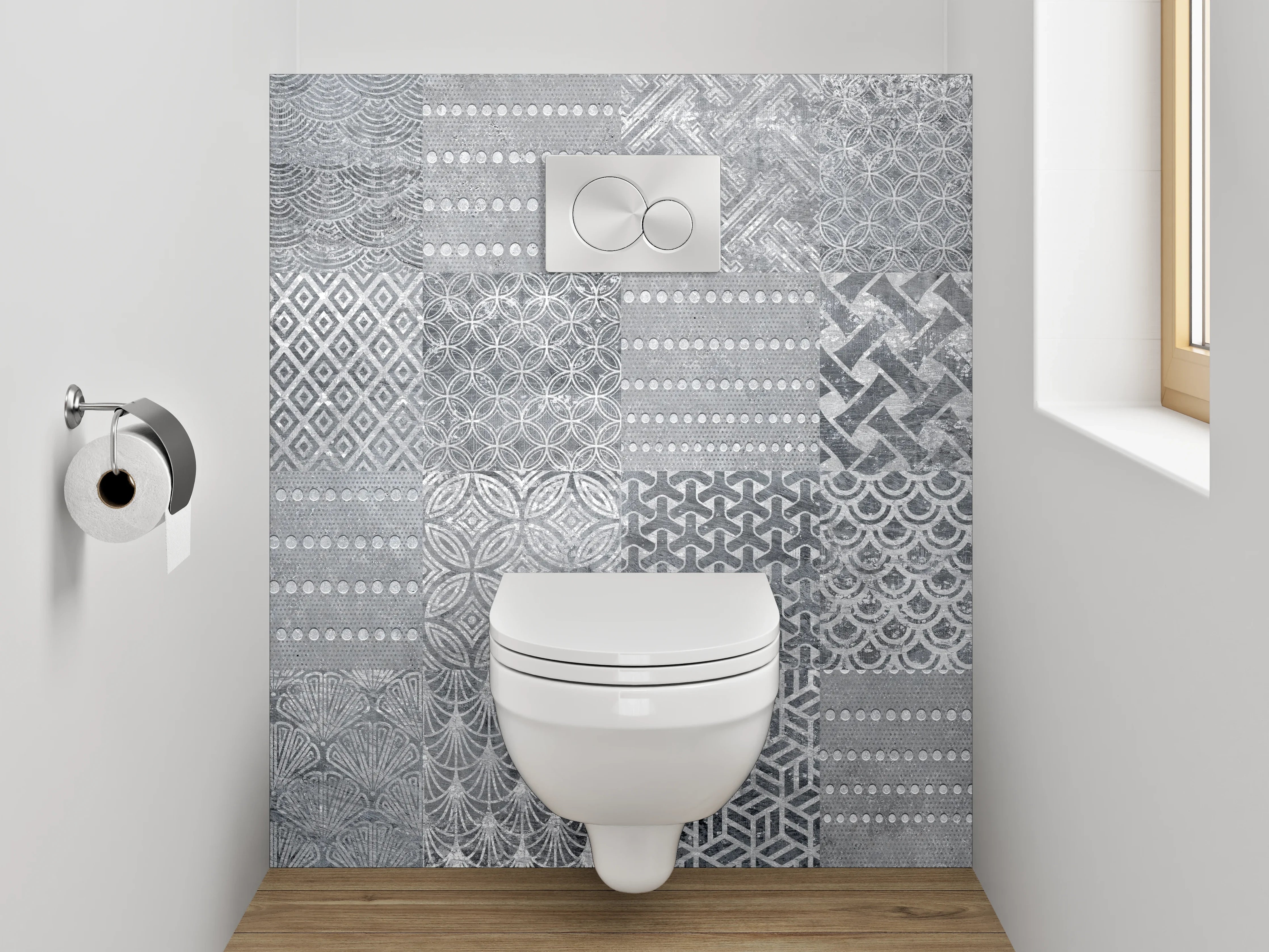 WC-Rückwand - Patchwork Fliesenmuster Grau Weiß