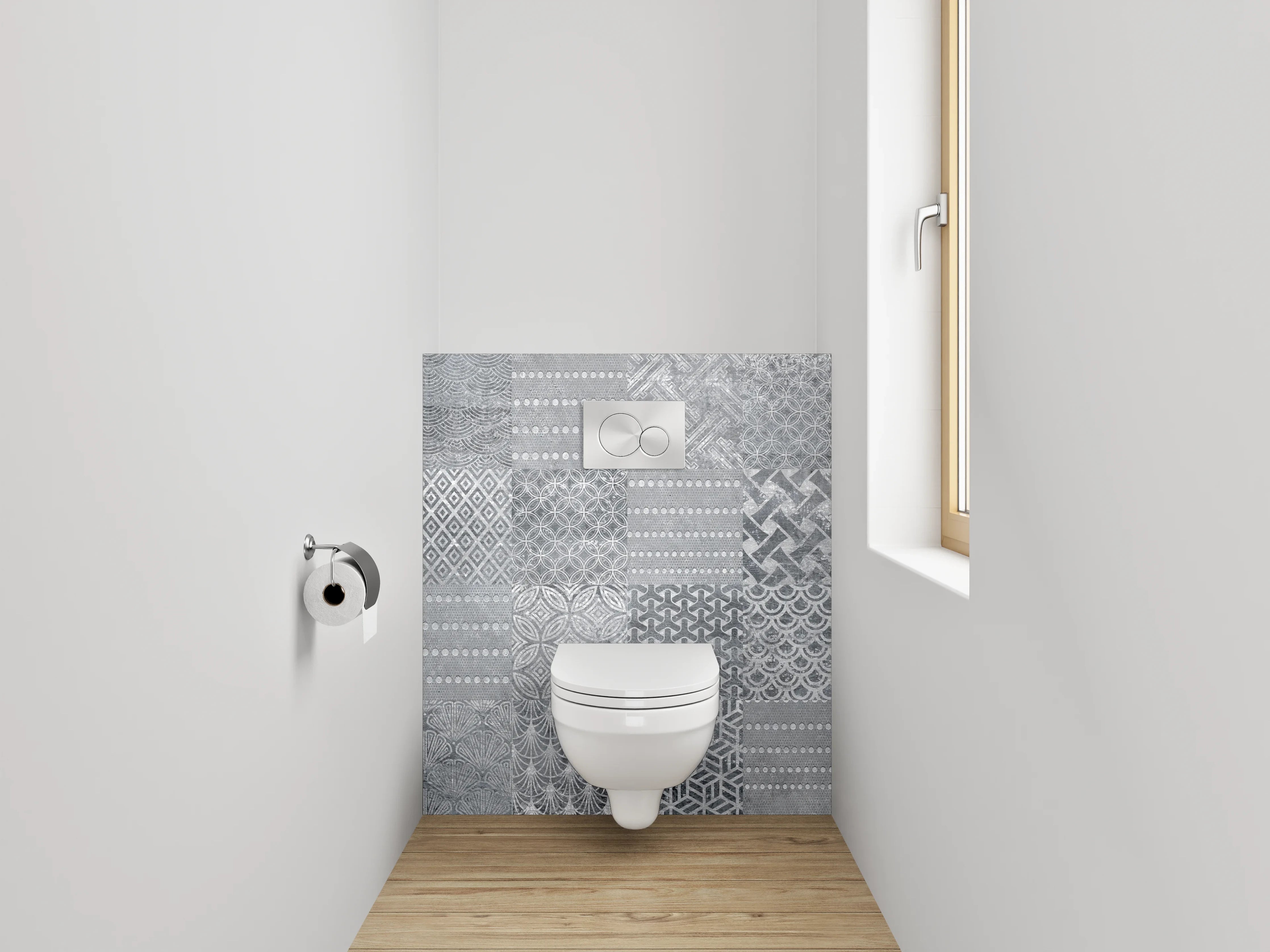 WC-Rückwand - Patchwork Fliesenmuster Grau Weiß
