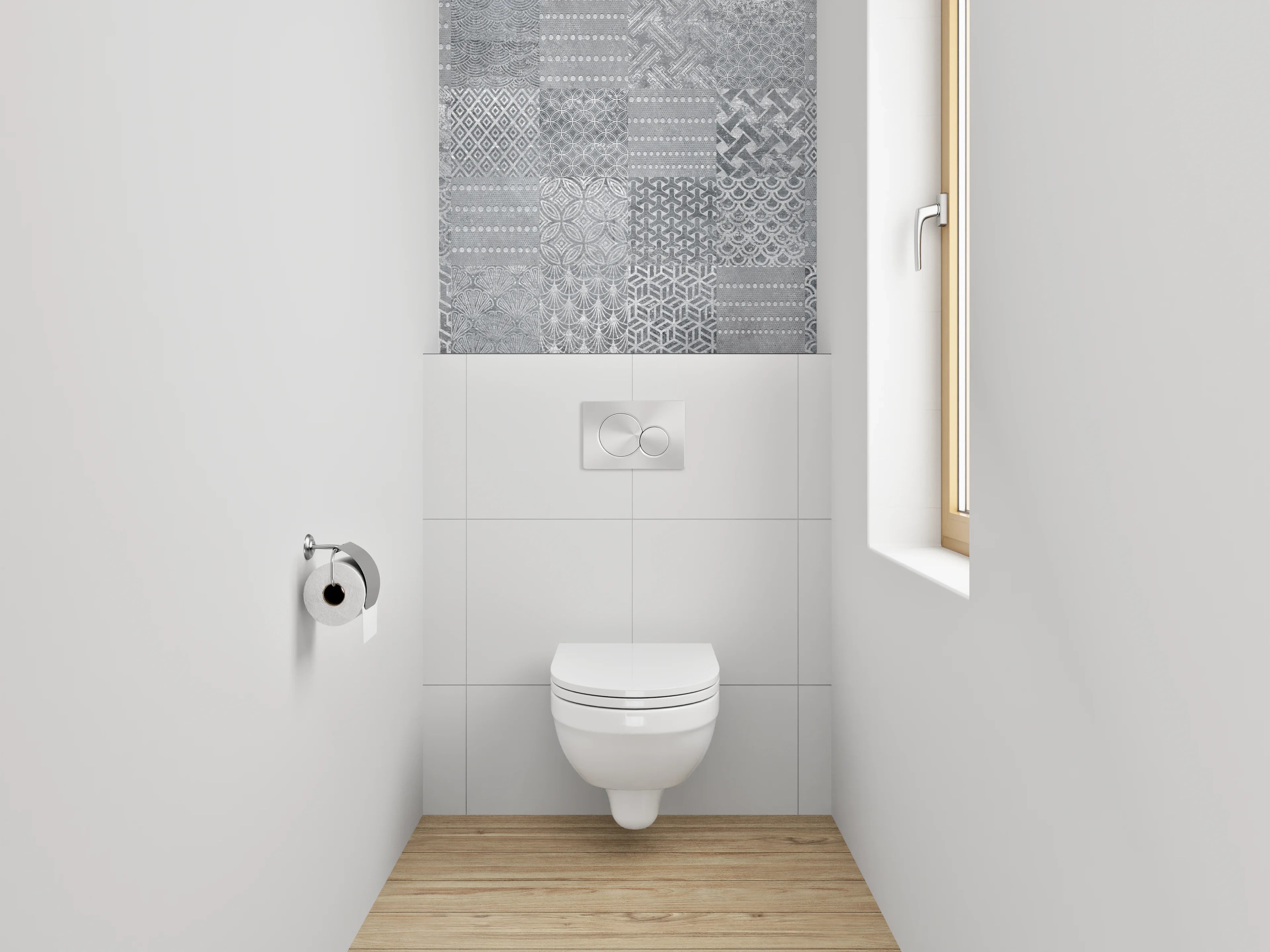 WC-Rückwand - Patchwork Fliesenmuster Grau Weiß