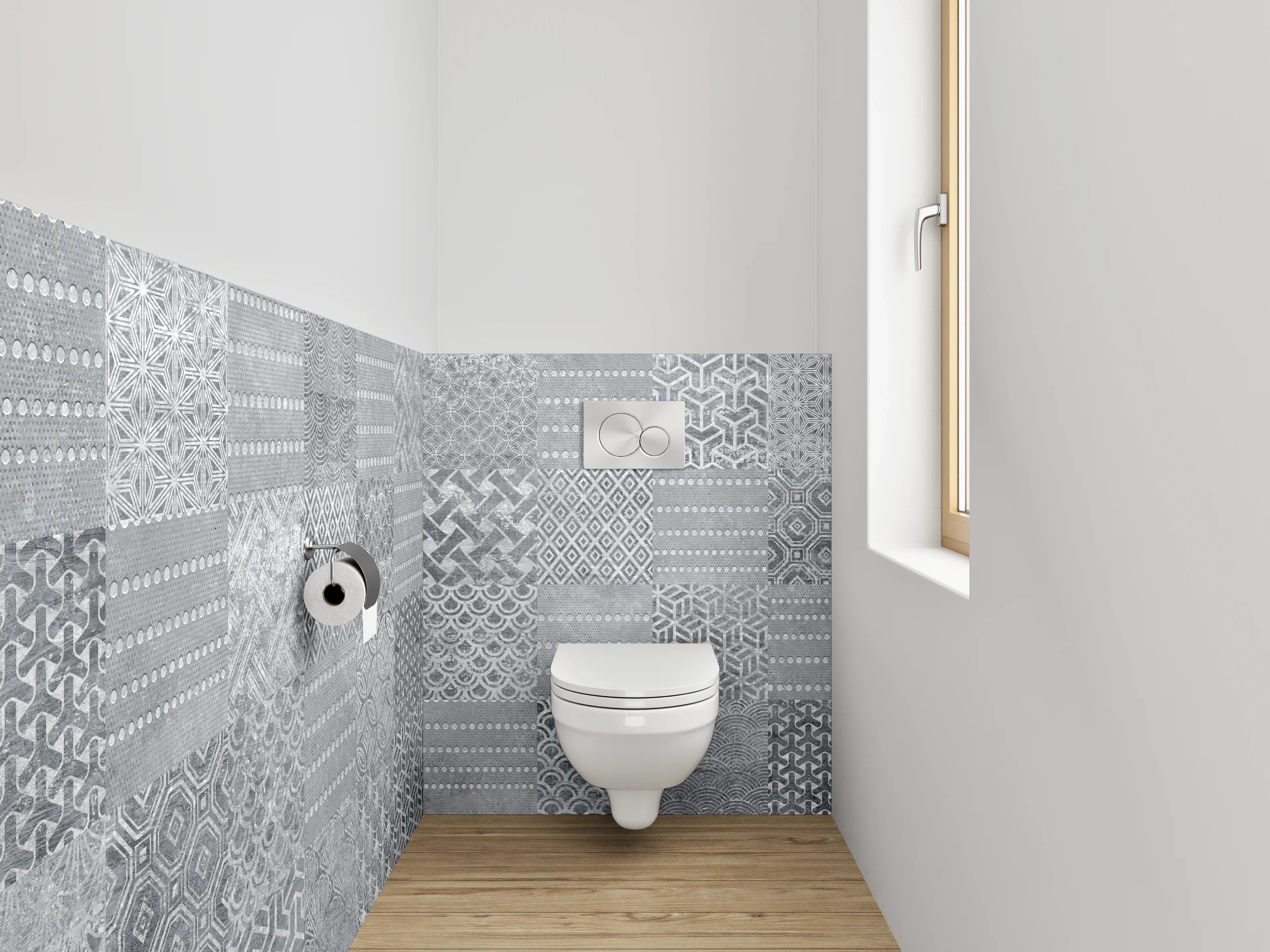 WC-Rückwand - Patchwork Fliesenmuster Grau Weiß