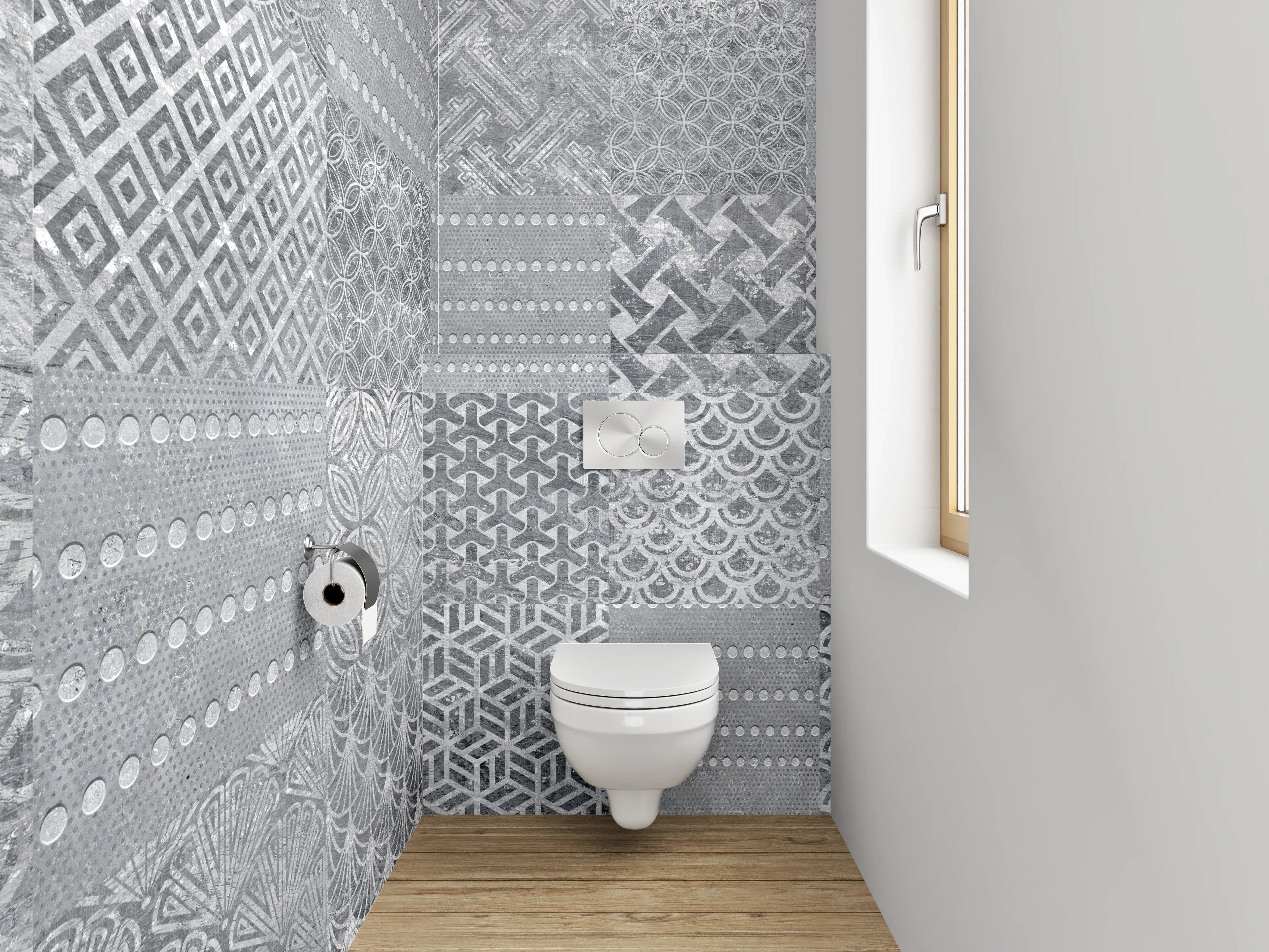 WC-Rückwand - Patchwork Fliesenmuster Grau Weiß