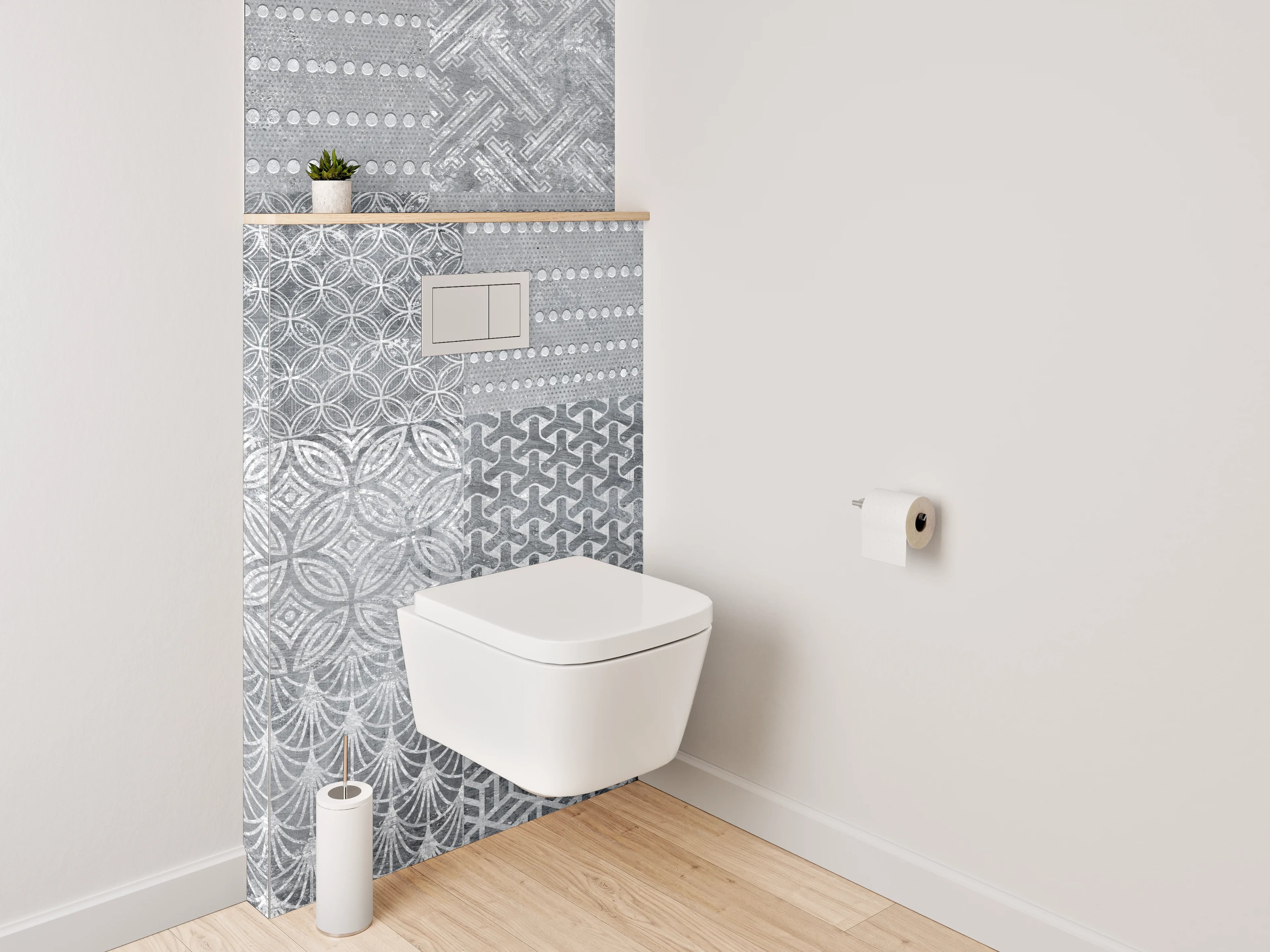 WC-Rückwand - Patchwork Fliesenmuster Grau Weiß