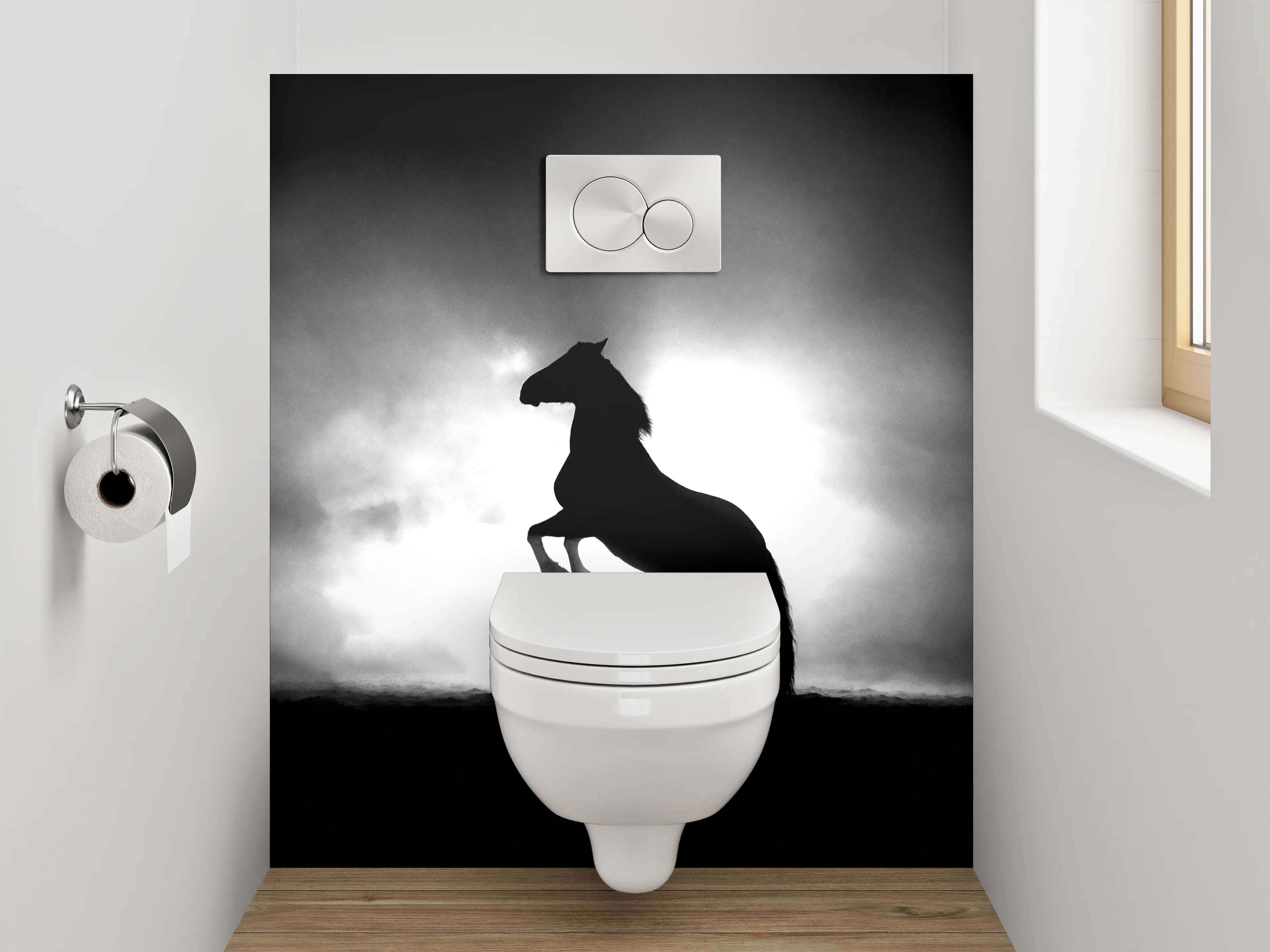 WC-Rückwand - Pferde-Silhouette im Nebel Schwarz-Weiß