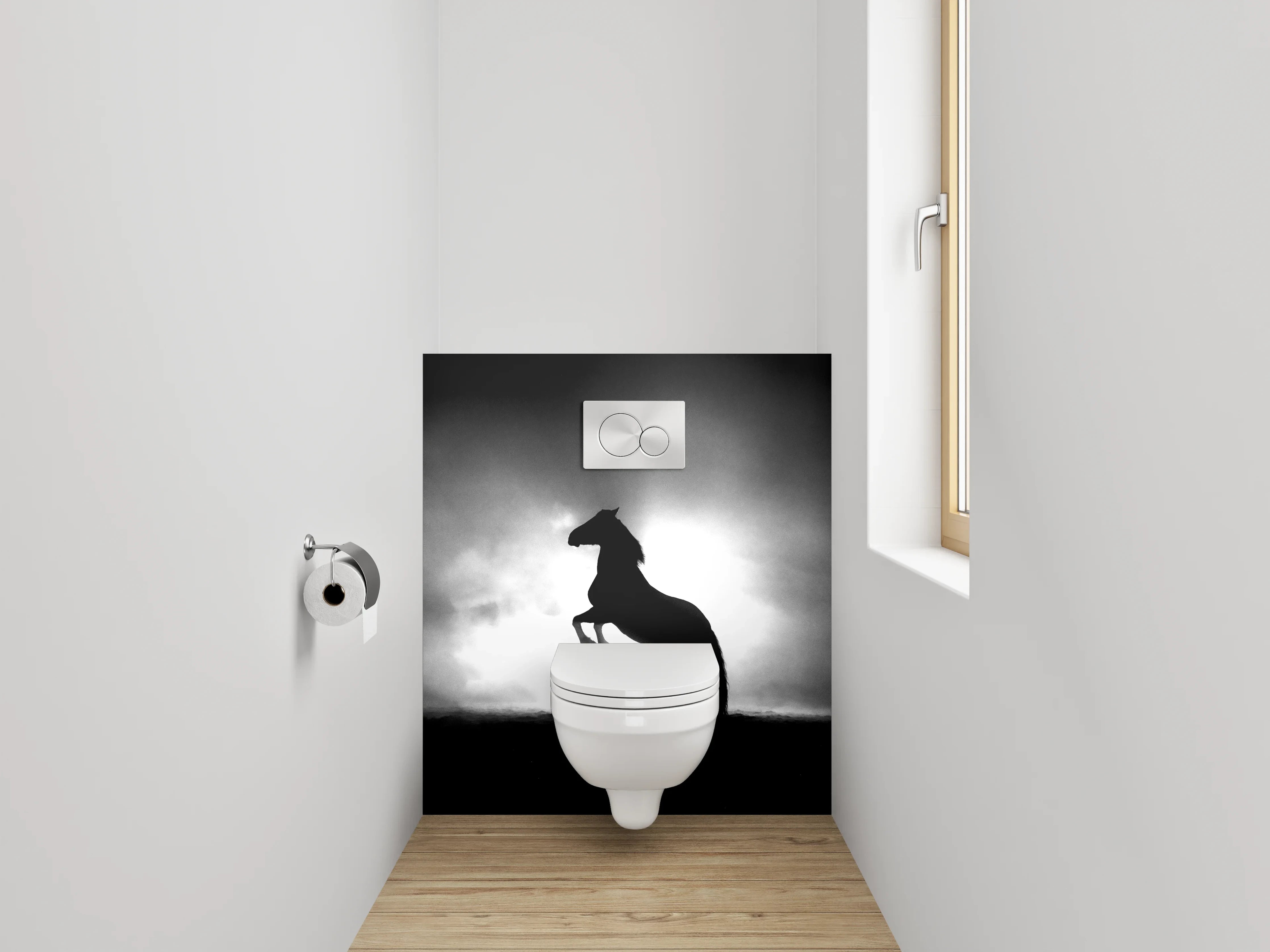WC-Rückwand - Pferde-Silhouette im Nebel Schwarz-Weiß
