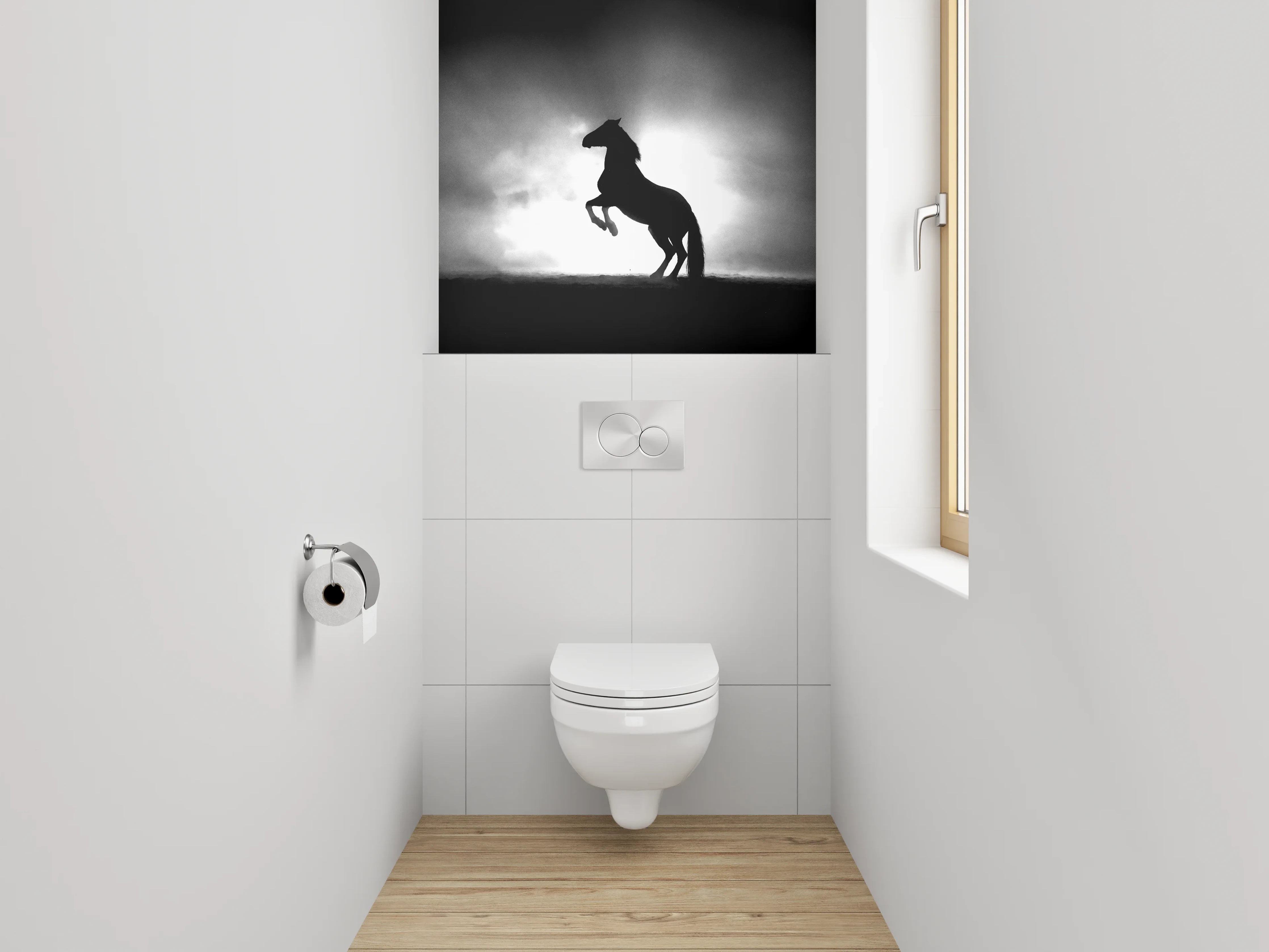 WC-Rückwand - Pferde-Silhouette im Nebel Schwarz-Weiß
