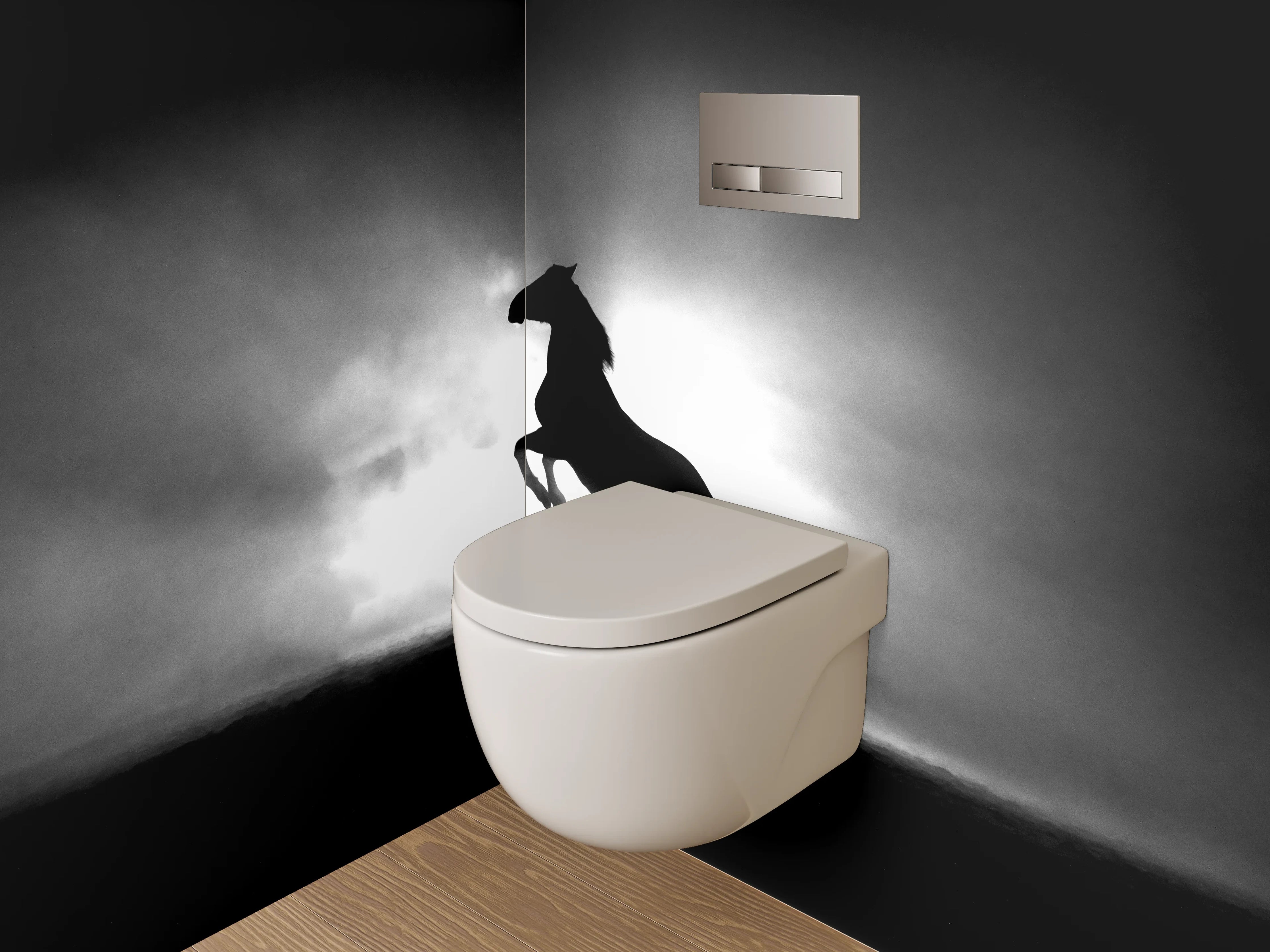WC-Rückwand - Pferde-Silhouette im Nebel Schwarz-Weiß