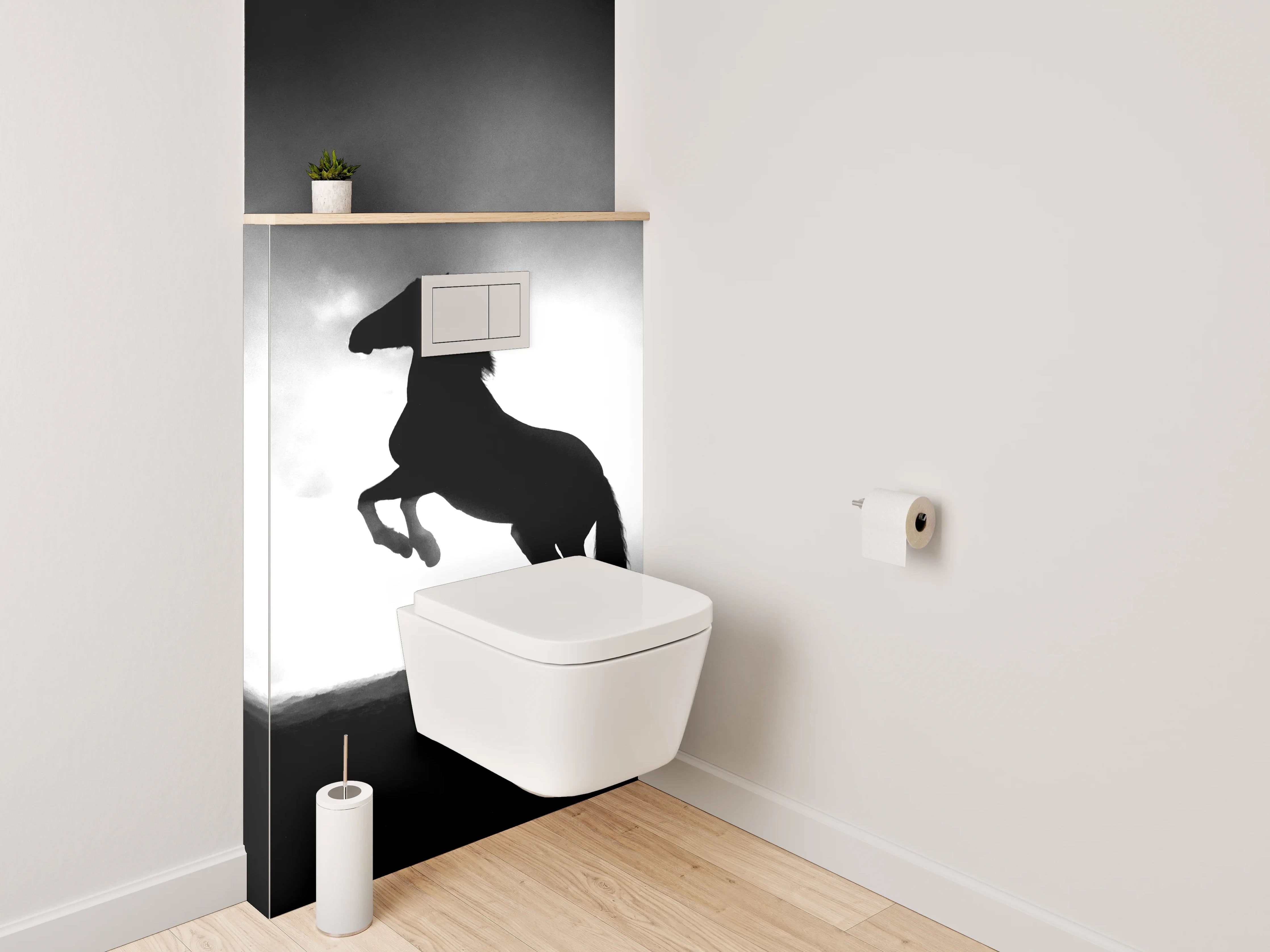 WC-Rückwand - Pferde-Silhouette im Nebel Schwarz-Weiß