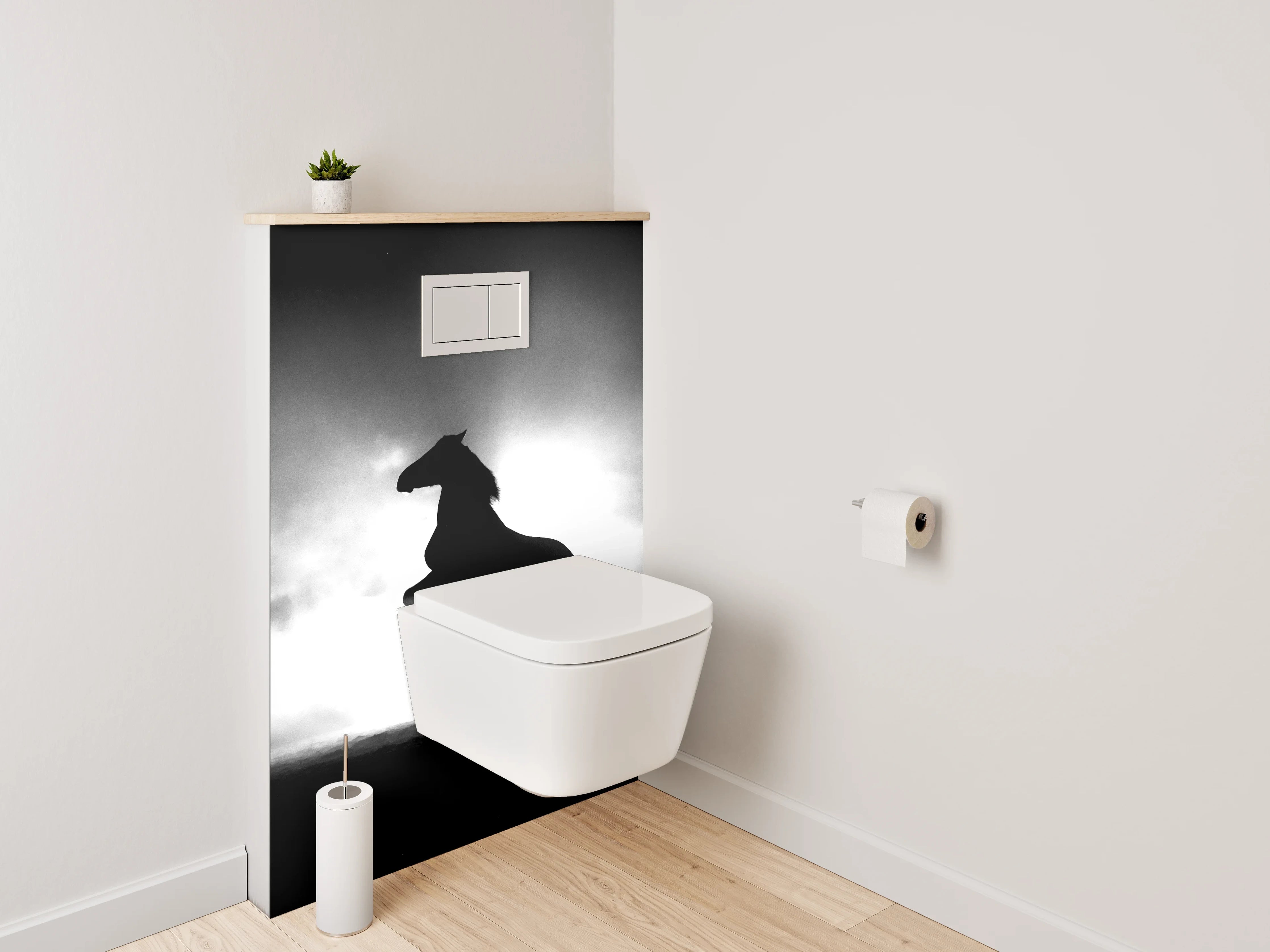 WC-Rückwand - Pferde-Silhouette im Nebel Schwarz-Weiß