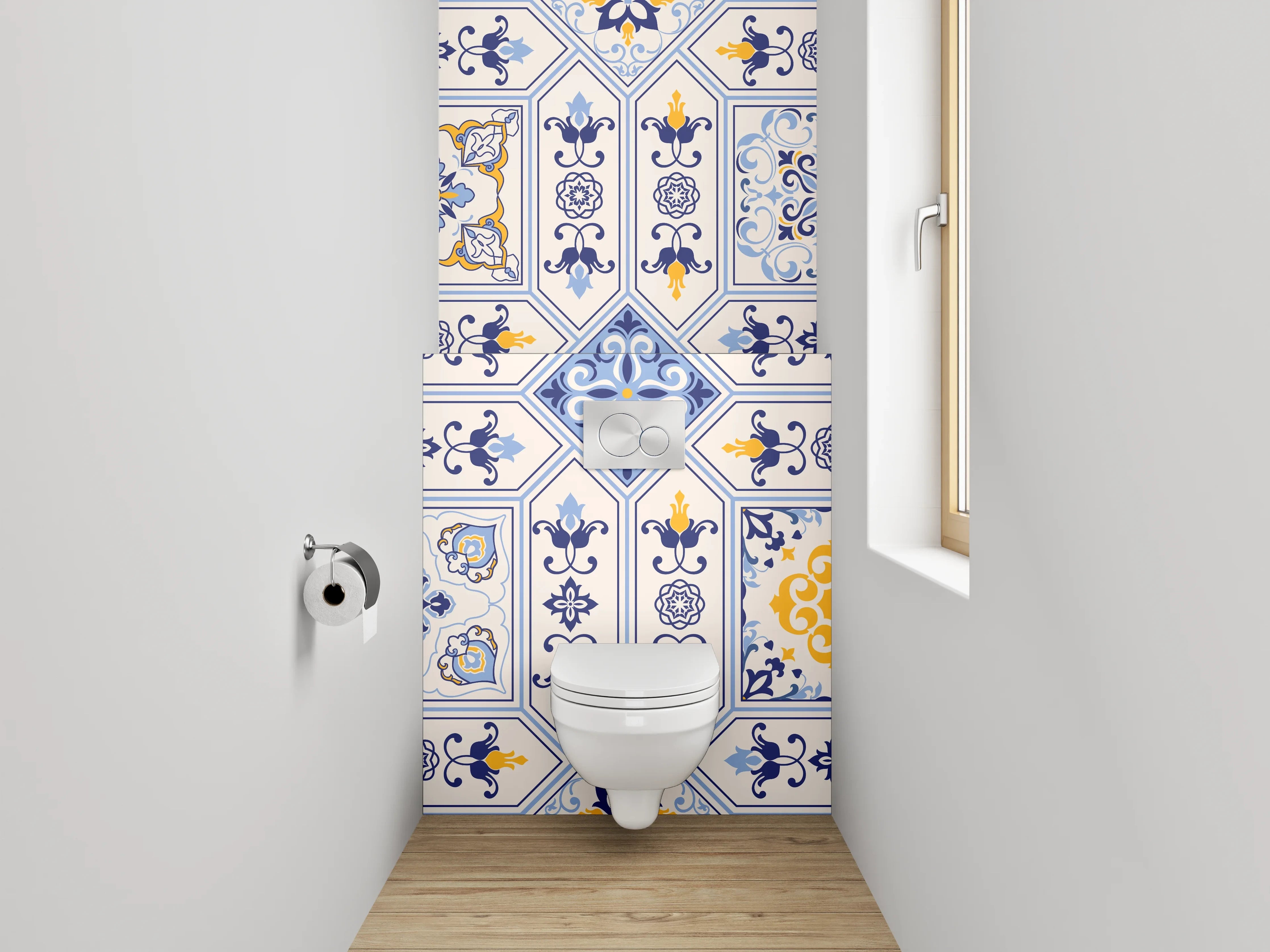 WC-Rückwand - Portugiesische Fliesen Ornamente Blau Gelb
