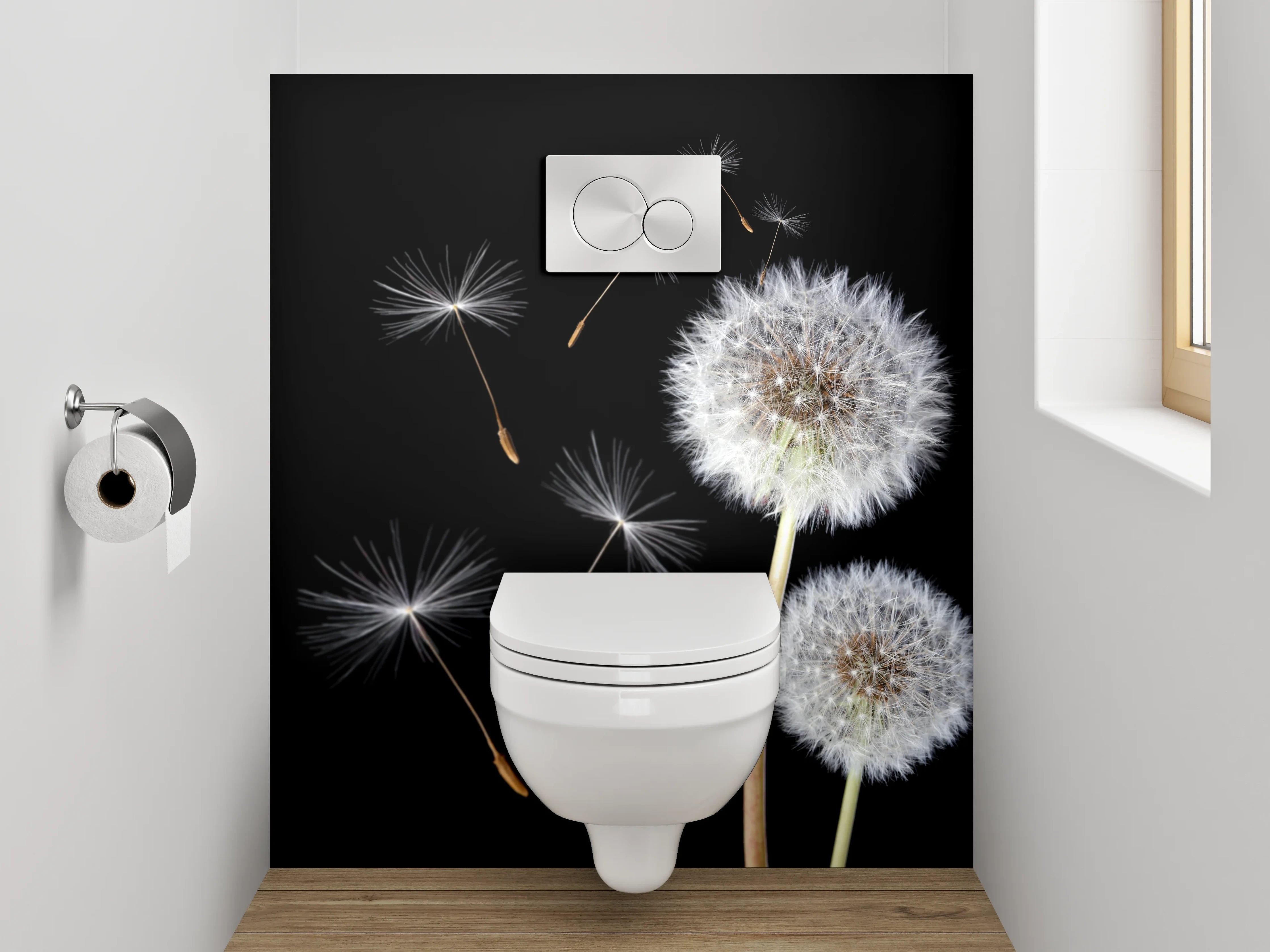 WC-Rückwand - Pusteblume auf Schwarz – Schlichte Eleganz