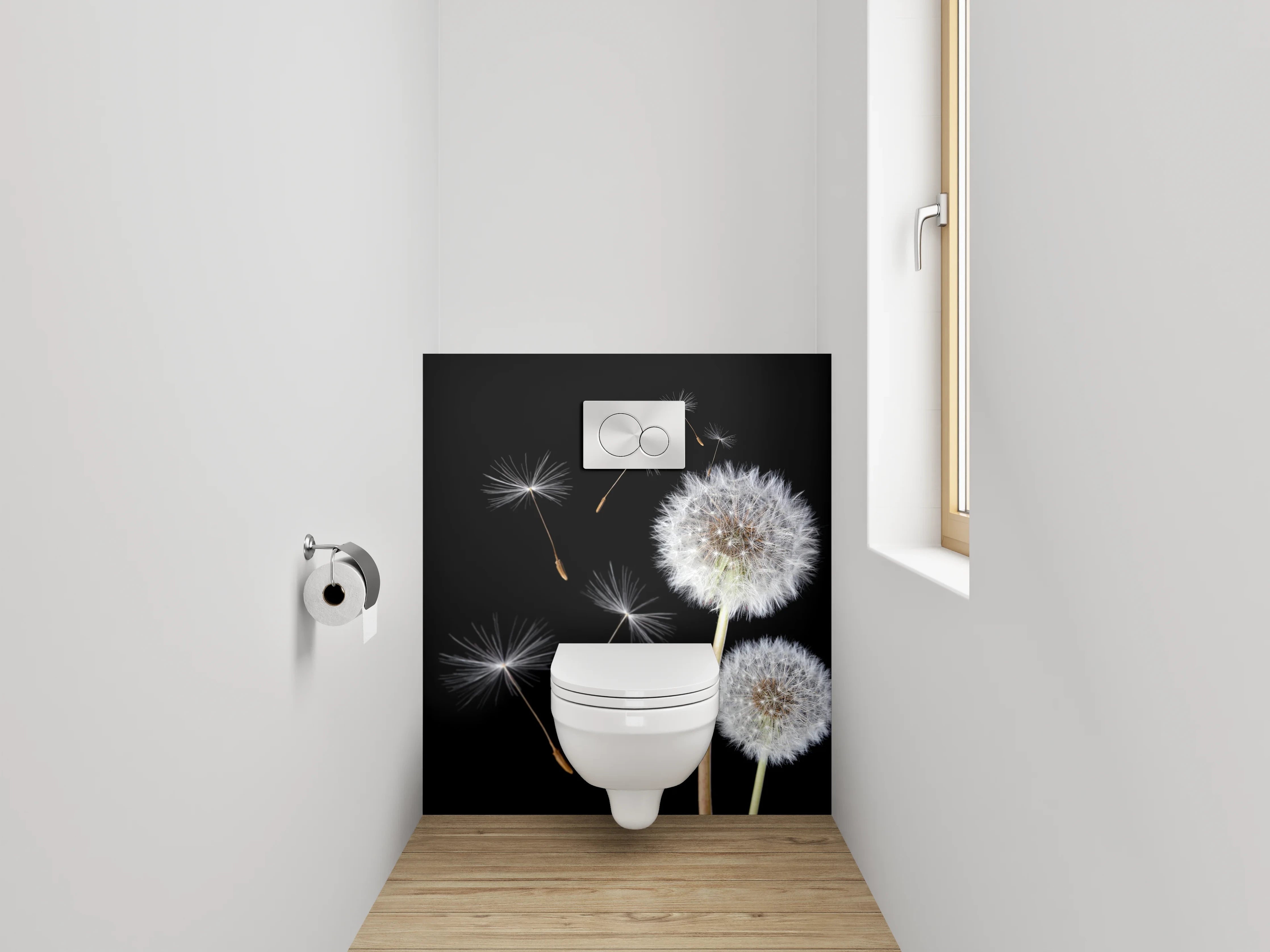 WC-Rückwand - Pusteblume auf Schwarz – Schlichte Eleganz