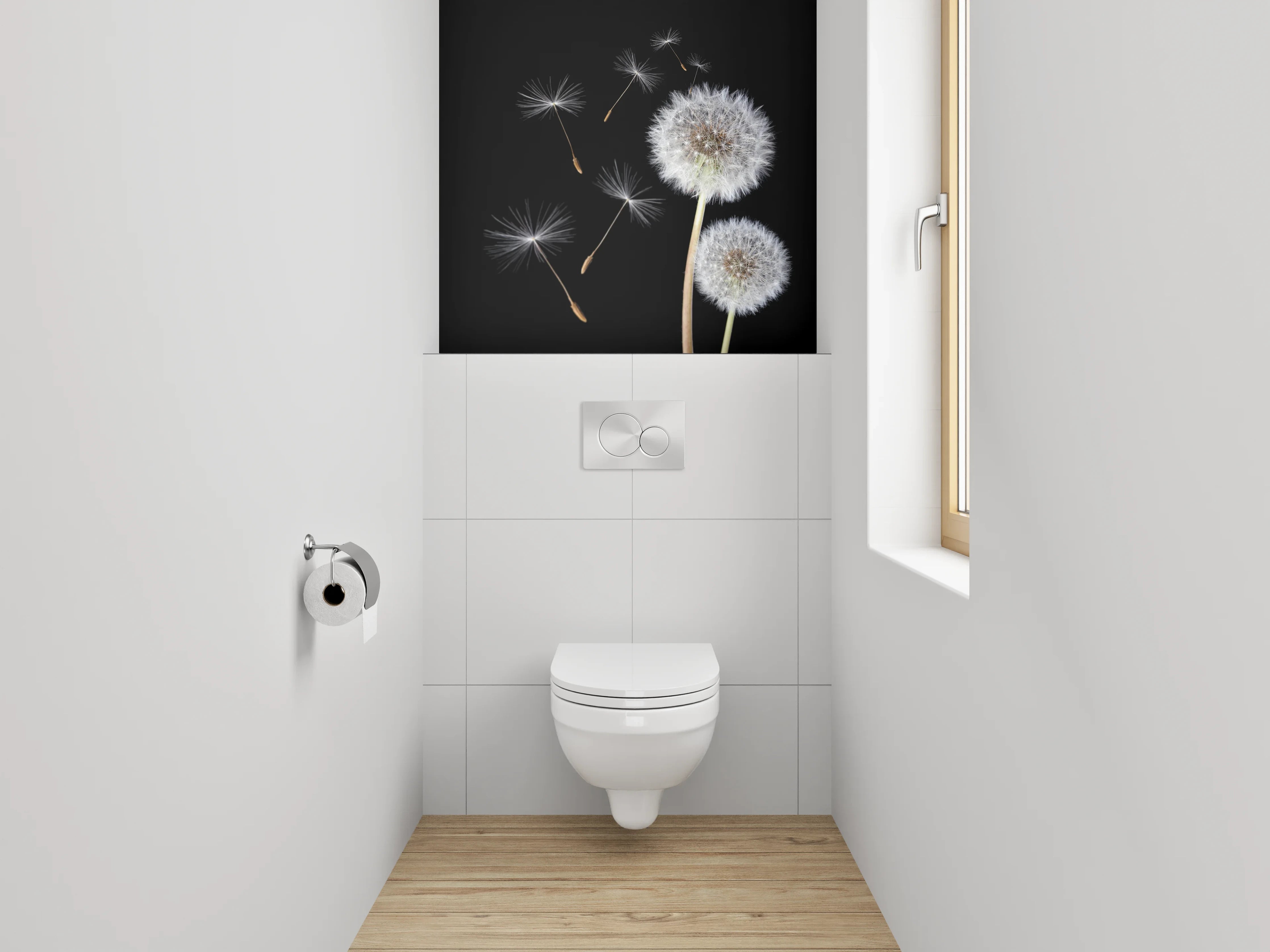 WC-Rückwand - Pusteblume auf Schwarz – Schlichte Eleganz