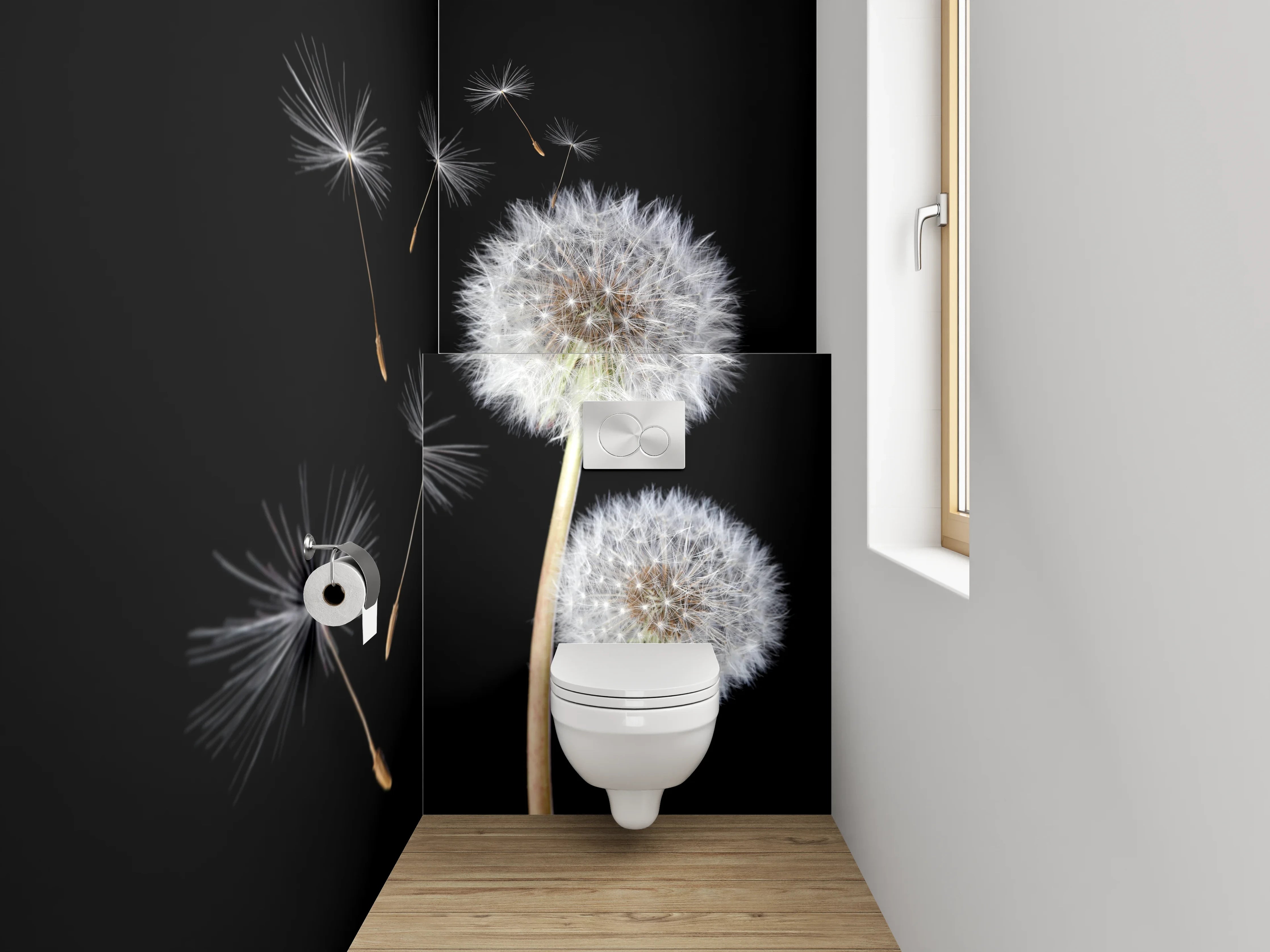 WC-Rückwand - Pusteblume auf Schwarz – Schlichte Eleganz