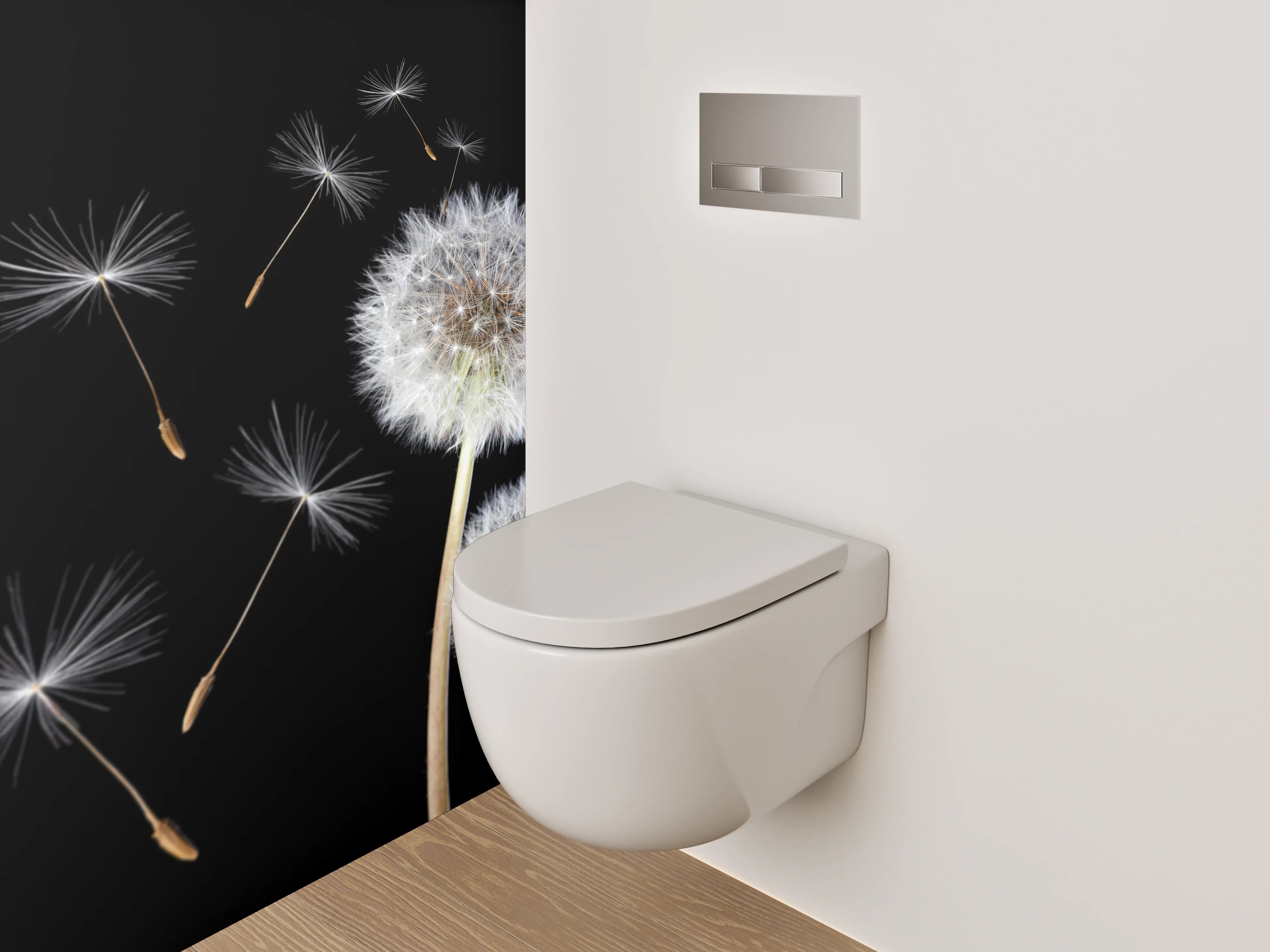 WC-Rückwand - Pusteblume auf Schwarz – Schlichte Eleganz