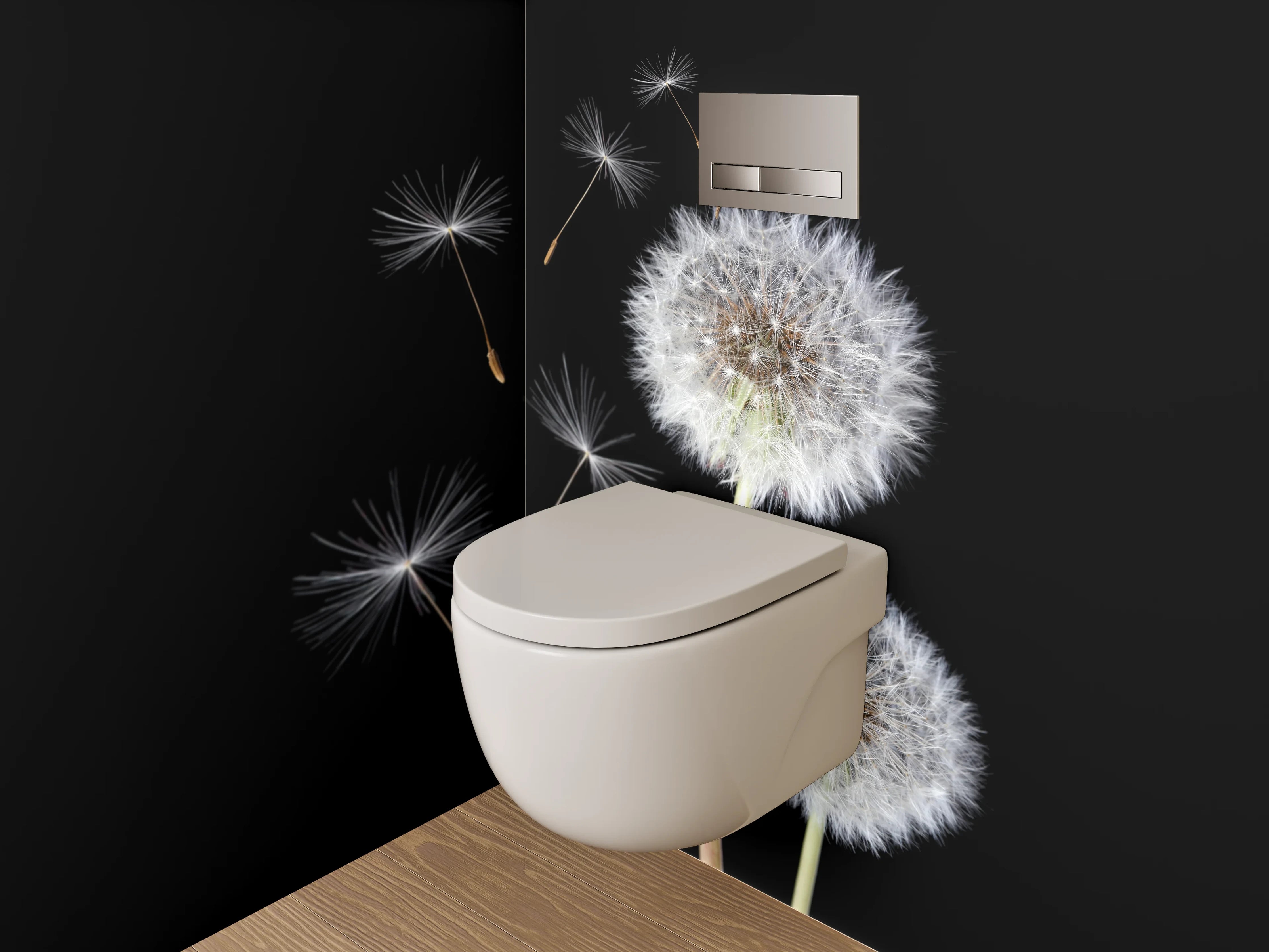 WC-Rückwand - Pusteblume auf Schwarz – Schlichte Eleganz