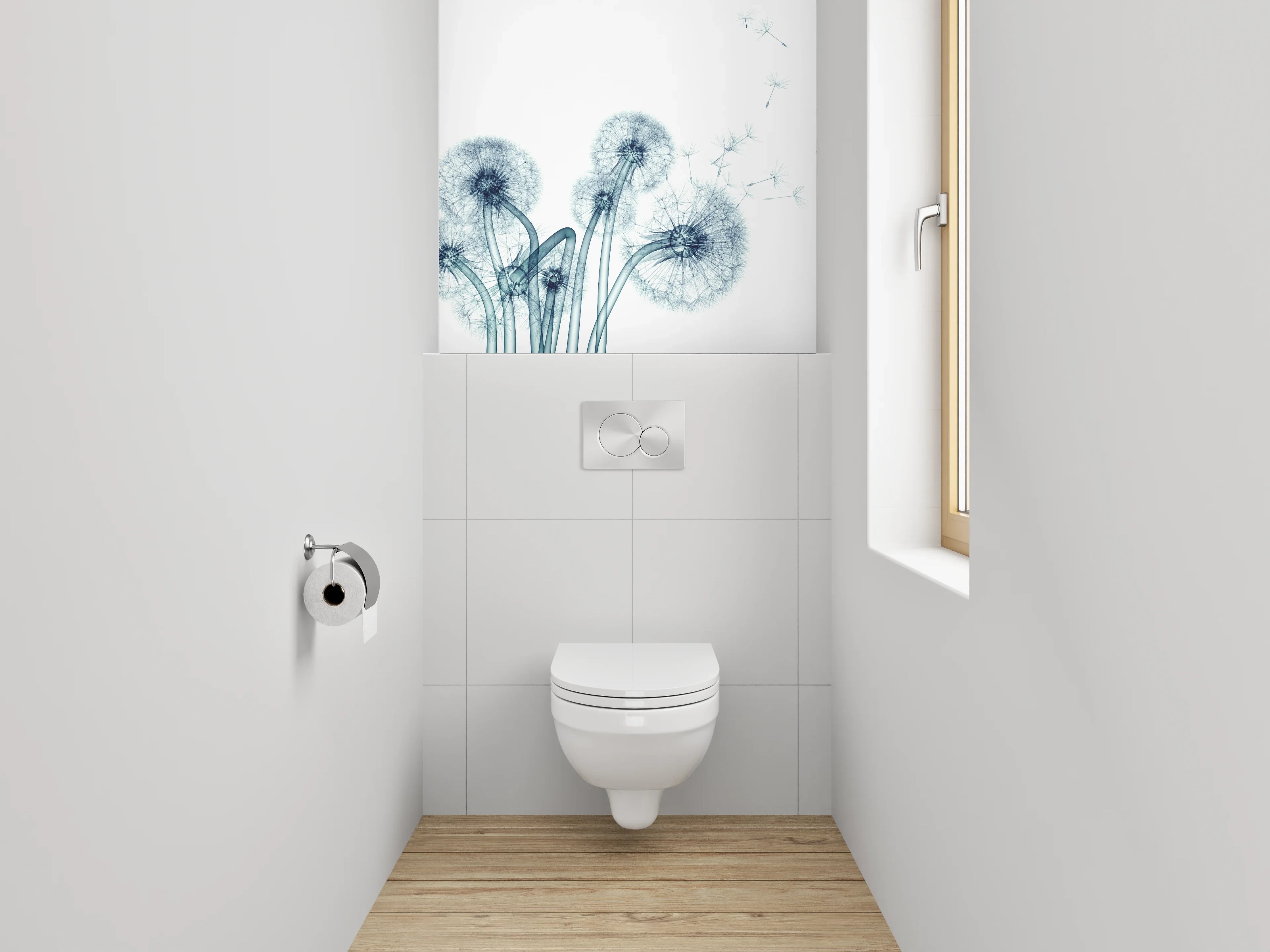 WC-Rückwand - Pusteblume in Blau-Grau auf Weiß