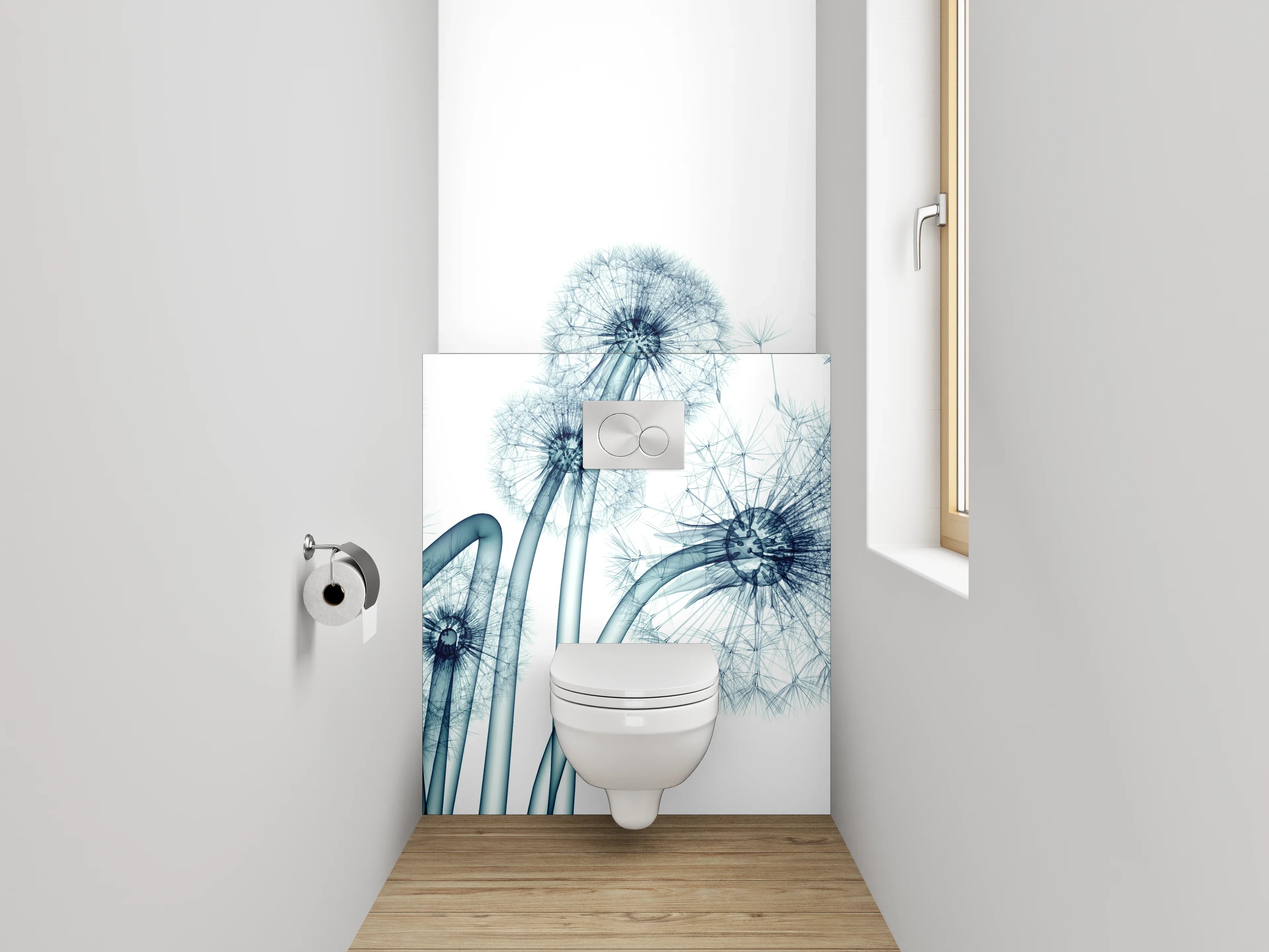 WC-Rückwand - Pusteblume in Blau-Grau auf Weiß