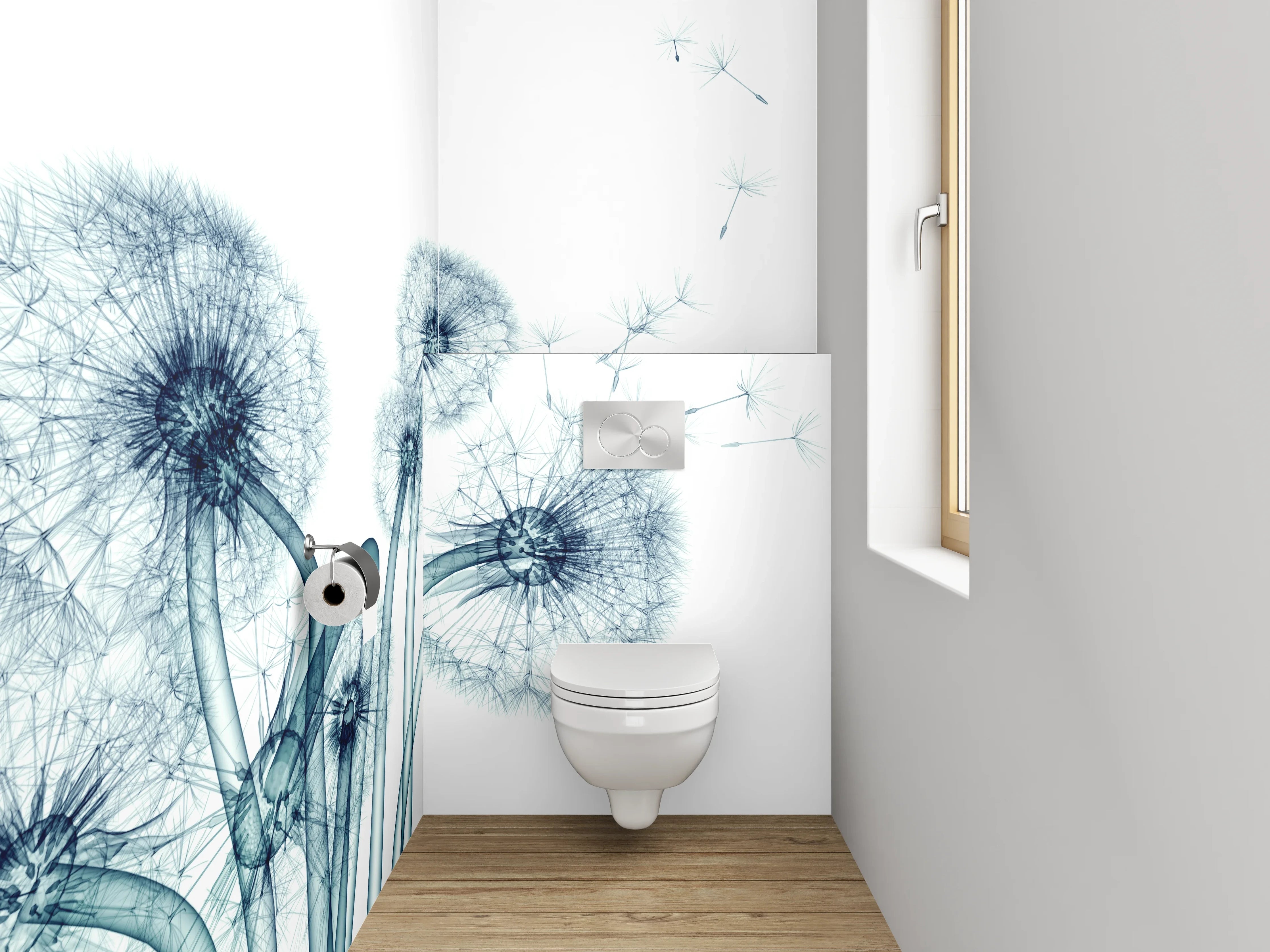WC-Rückwand - Pusteblume in Blau-Grau auf Weiß