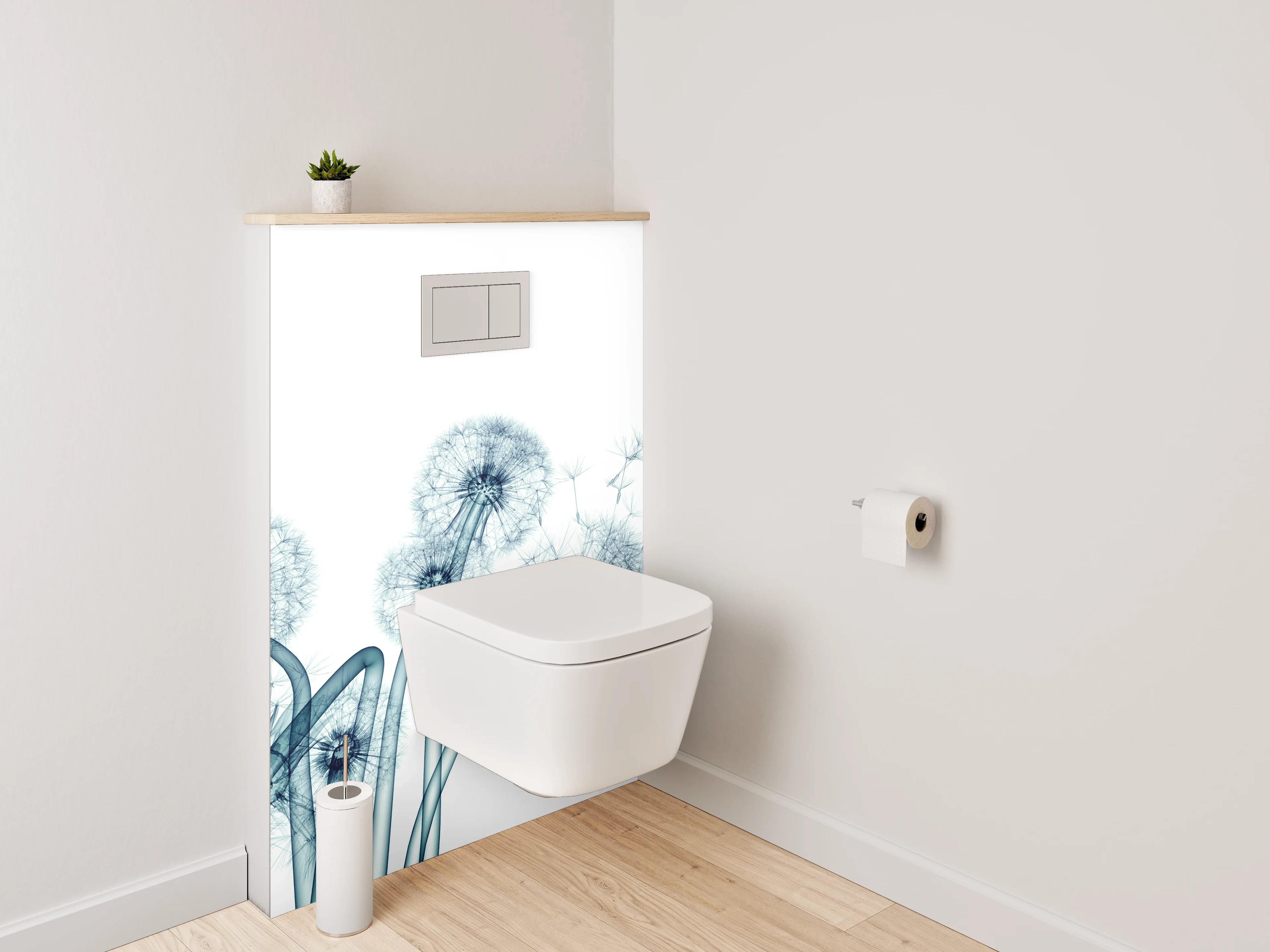 WC-Rückwand - Pusteblume in Blau-Grau auf Weiß