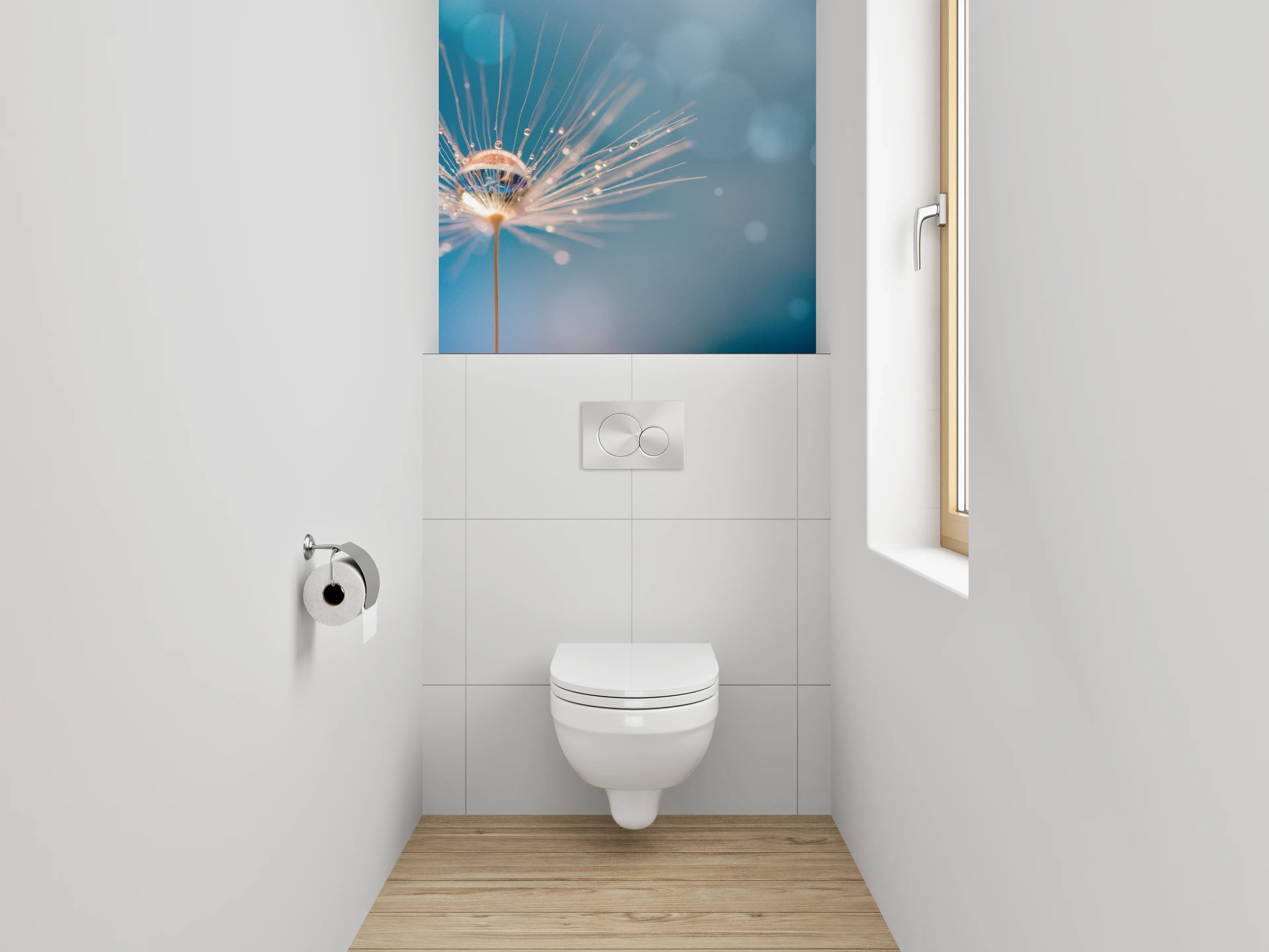 WC-Rückwand - Pusteblume mit Tautropfen im Gegenlicht