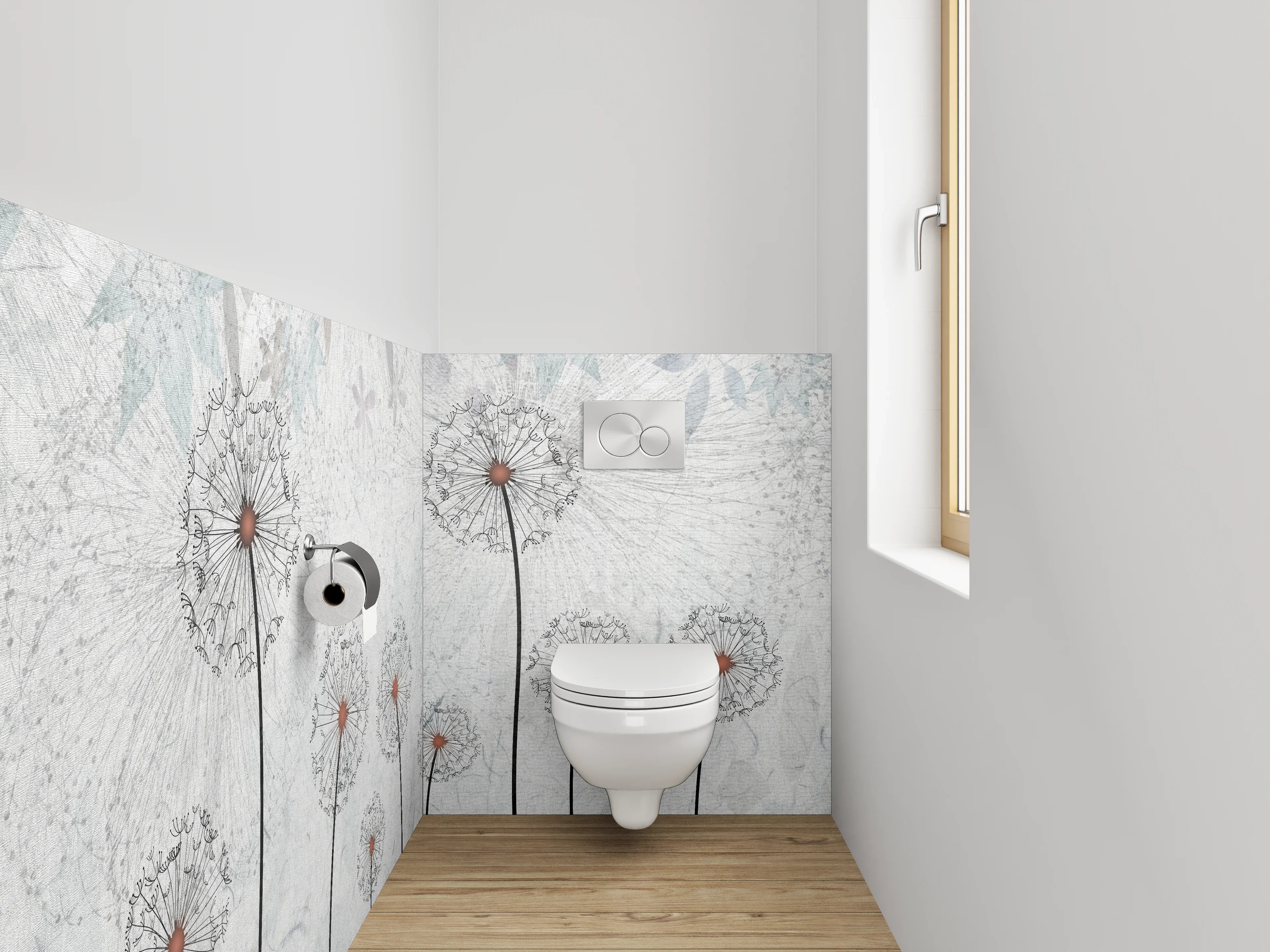 WC-Rückwand - Pusteblumen auf weiß-grauer Struktur